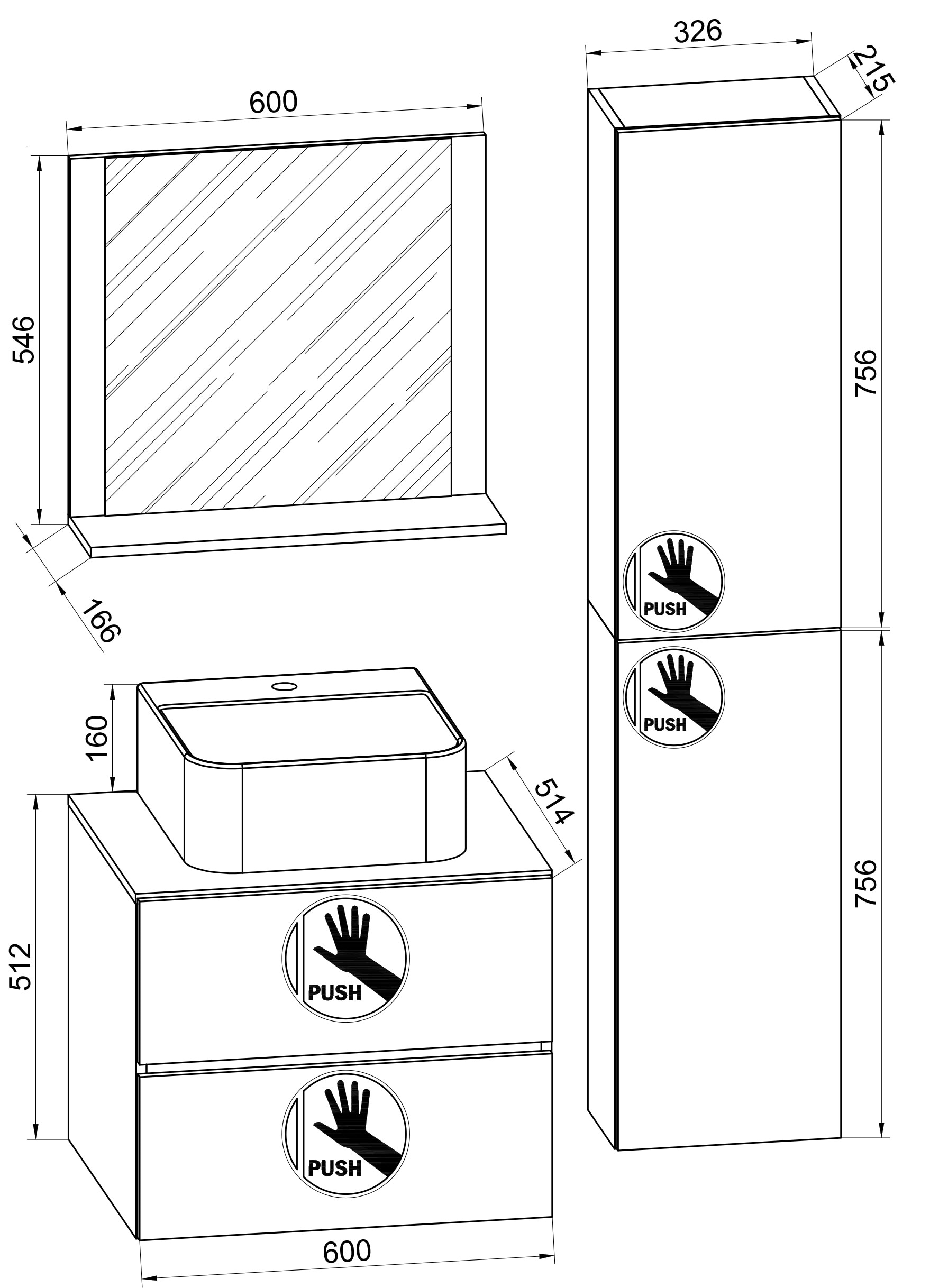 VCM Waschbeckenunterschrank »VCM 4-tlg. Waschplatz Waschtisch Badmöbel Set Waschbecken Lendas-BL Breite 60 cm L Schublade« 4 Stk. tlg.