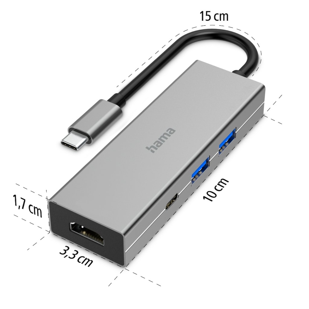 Hama USB-Adapter »USB-C Multiport Hub für Laptop mit 4 Ports, USB-A, USB-C, HDMI«, USB-C zu USB Typ A-USB-C-HDMI, 15 cm, Laptop Dockingstation, kompakt, robustes Gehäuse, silberfarben