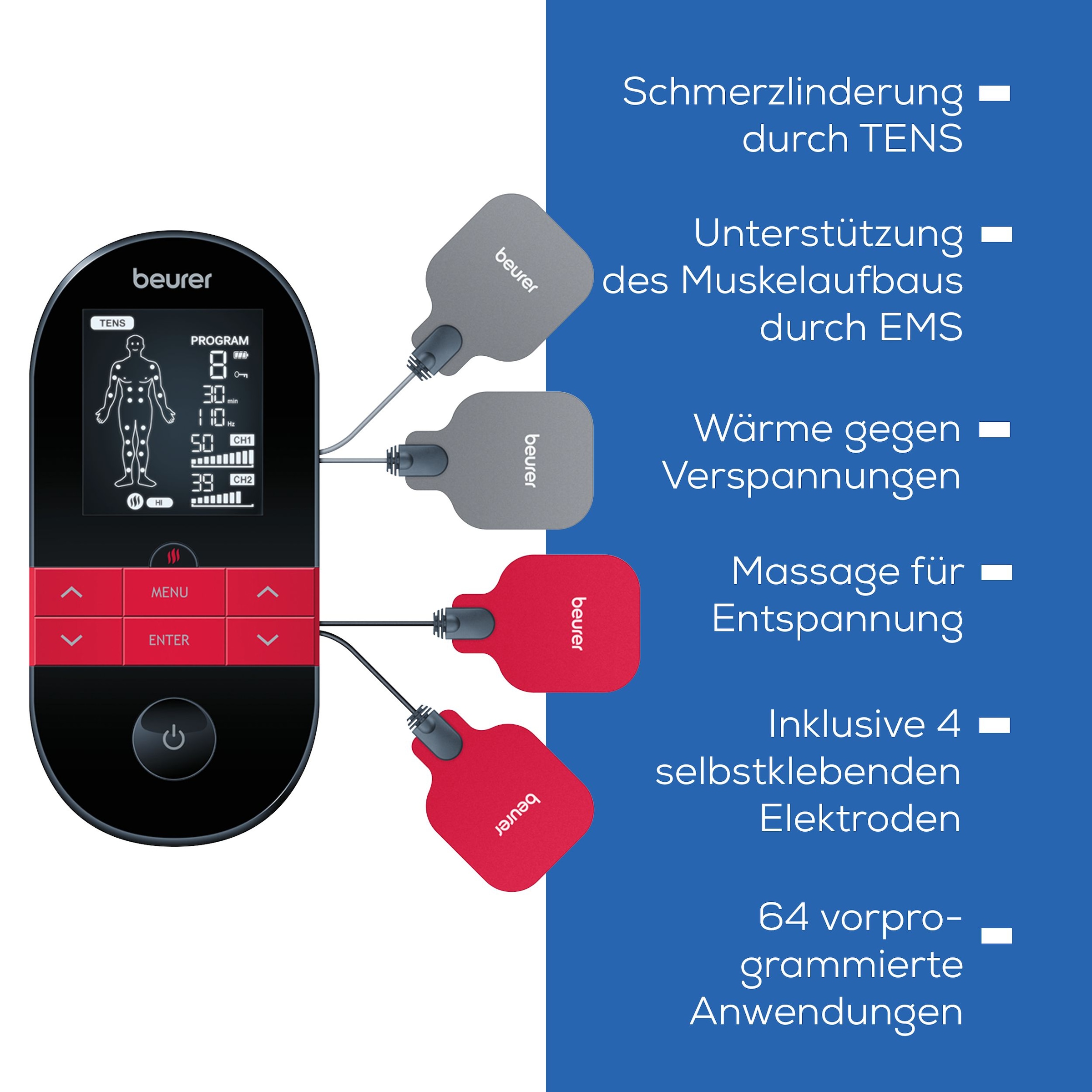 BEURER TENS-EMS-Gerät »EM 59 Heat, Reizstromgerät mit Wärmefunktion und 4 Elektroden«, 3-in-1: TENS (Schmerzlinderung), EMS (Muskelstimulation) und Massage