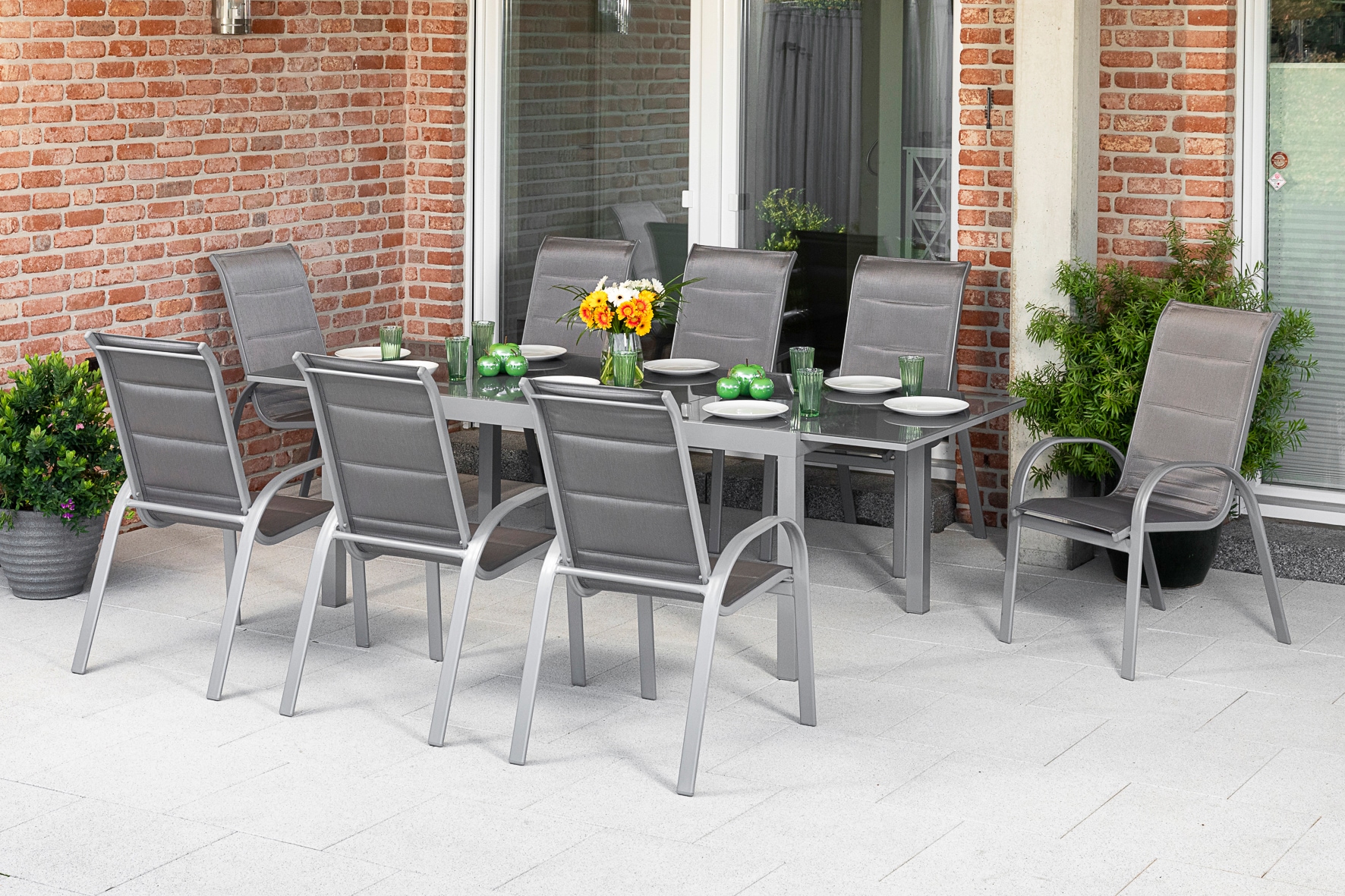 MERXX Garten-Essgruppe "Amalfi di lusso" 9 Stk. tlg. 8 Stapelsessel, Hochlehner mit ausziehbarem Tisch,Gewicht Tisch 52,6kg
