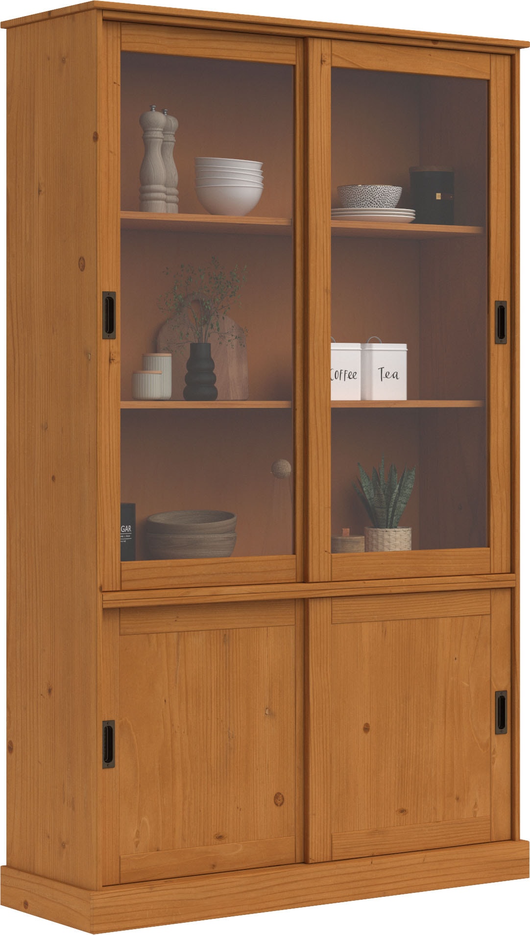 Home affaire Vitrine »Schröder«, mit 2+2 Schiebetüren, aus massivem Kiefernholz, Breite 114 cm