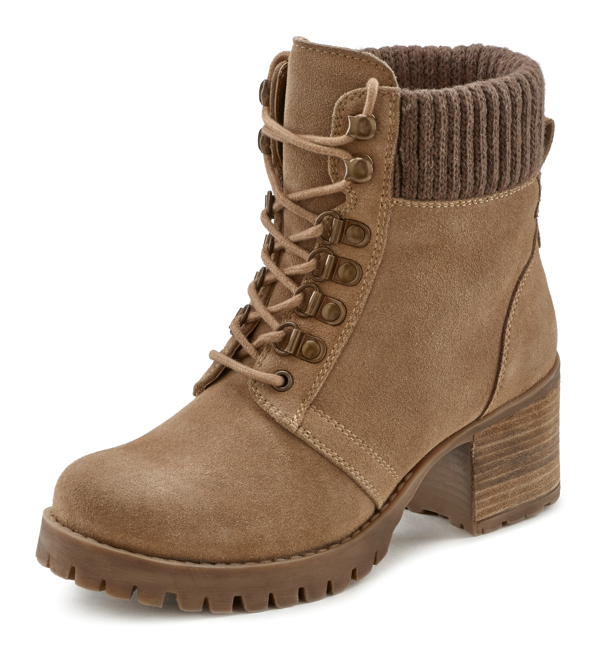 Schnürstiefelette, aus Leder, Blockabsatz, High-Heel Boots, Winterstiefelette