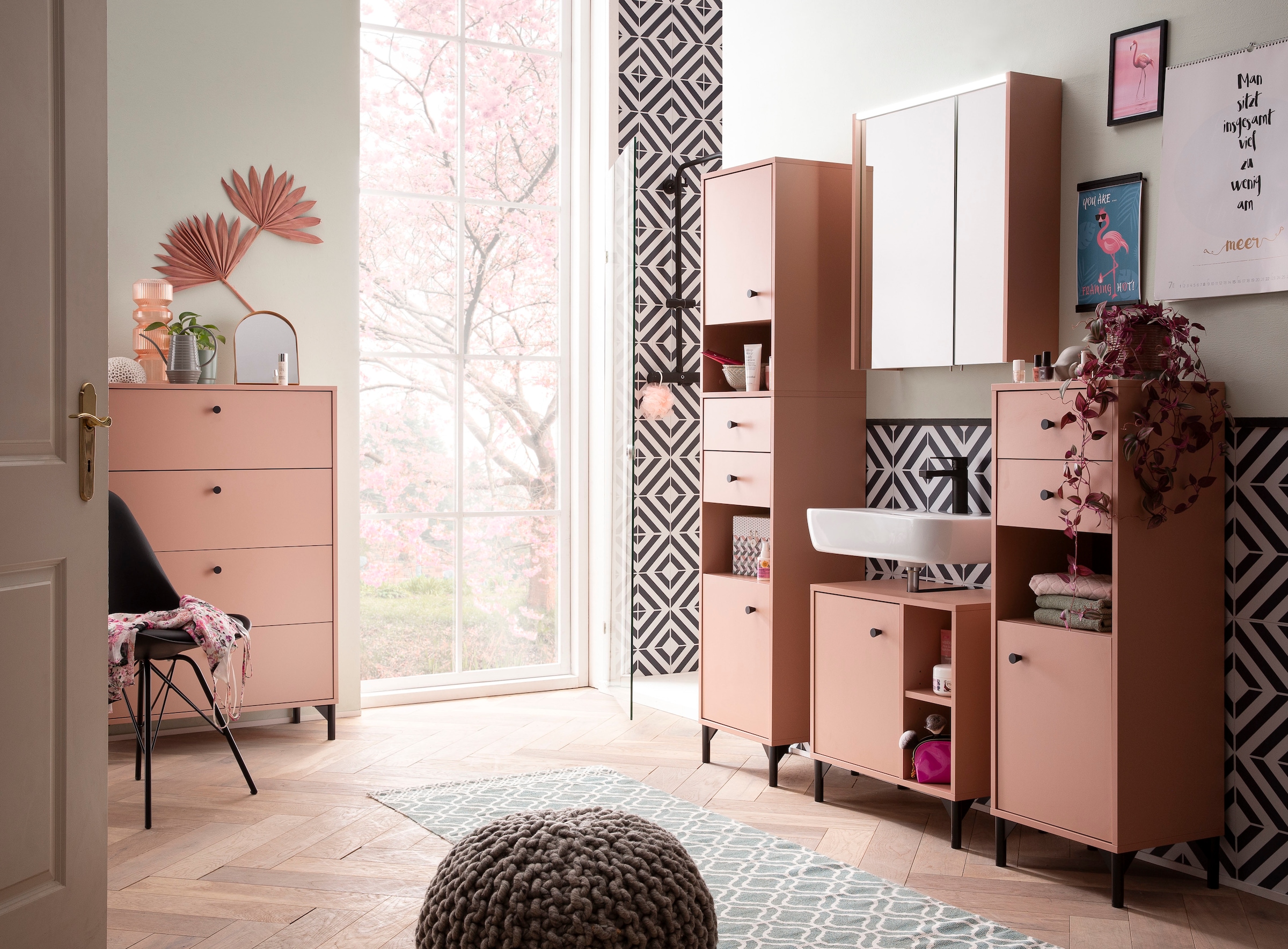 Schildmeyer Spiegelschrank »Smash, Breite 63 cm«, Apricot Dekor, inkl. LED-Beleuchtung und Steckdose