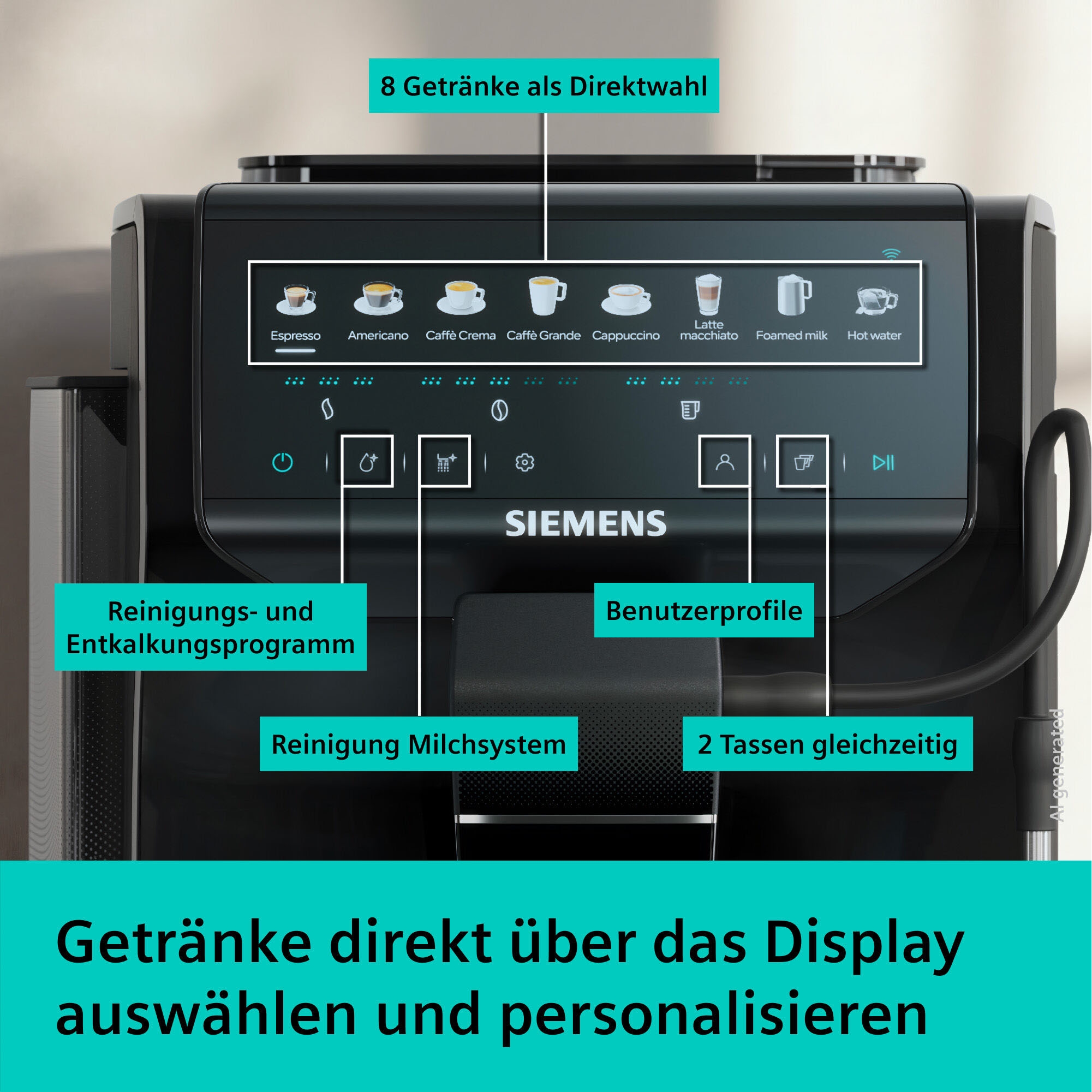 SIEMENS Kaffeevollautomat »EQ500 TP553E19, Doppeltassenfunktion, 8 Getränke, farb. Touchdisplay« Keramikmahlwerk, entnehmbare Brüheinheit, Steuerung per App, Schwarz