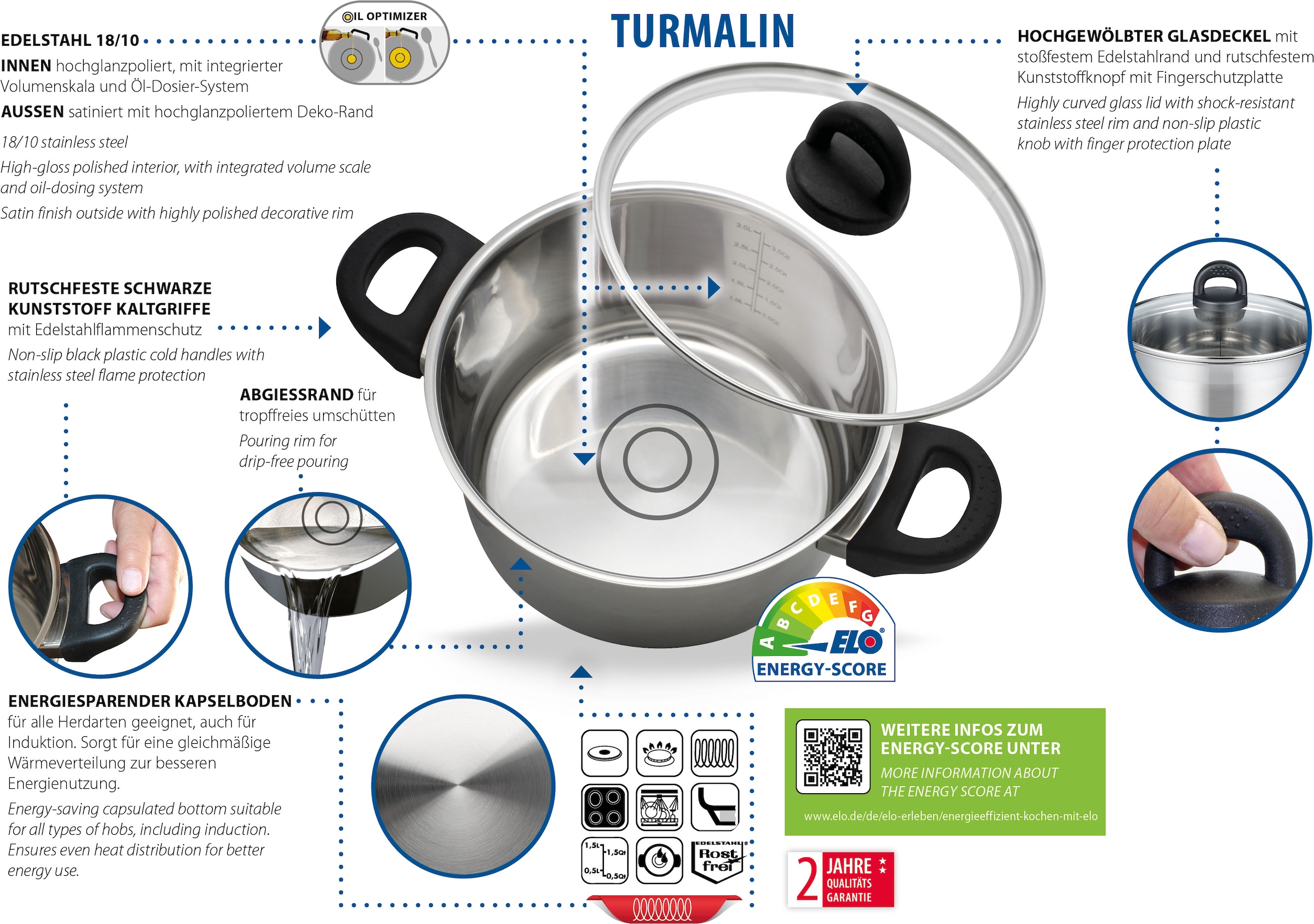 Elo Basic Topf-Set »Turmalin« Set, je 1 Fleischtopf Ø 16/20/24 cm, 1x Stielkasserolle Ø 16 cm, 7 Stk. tlg. Edelstahl 18/10