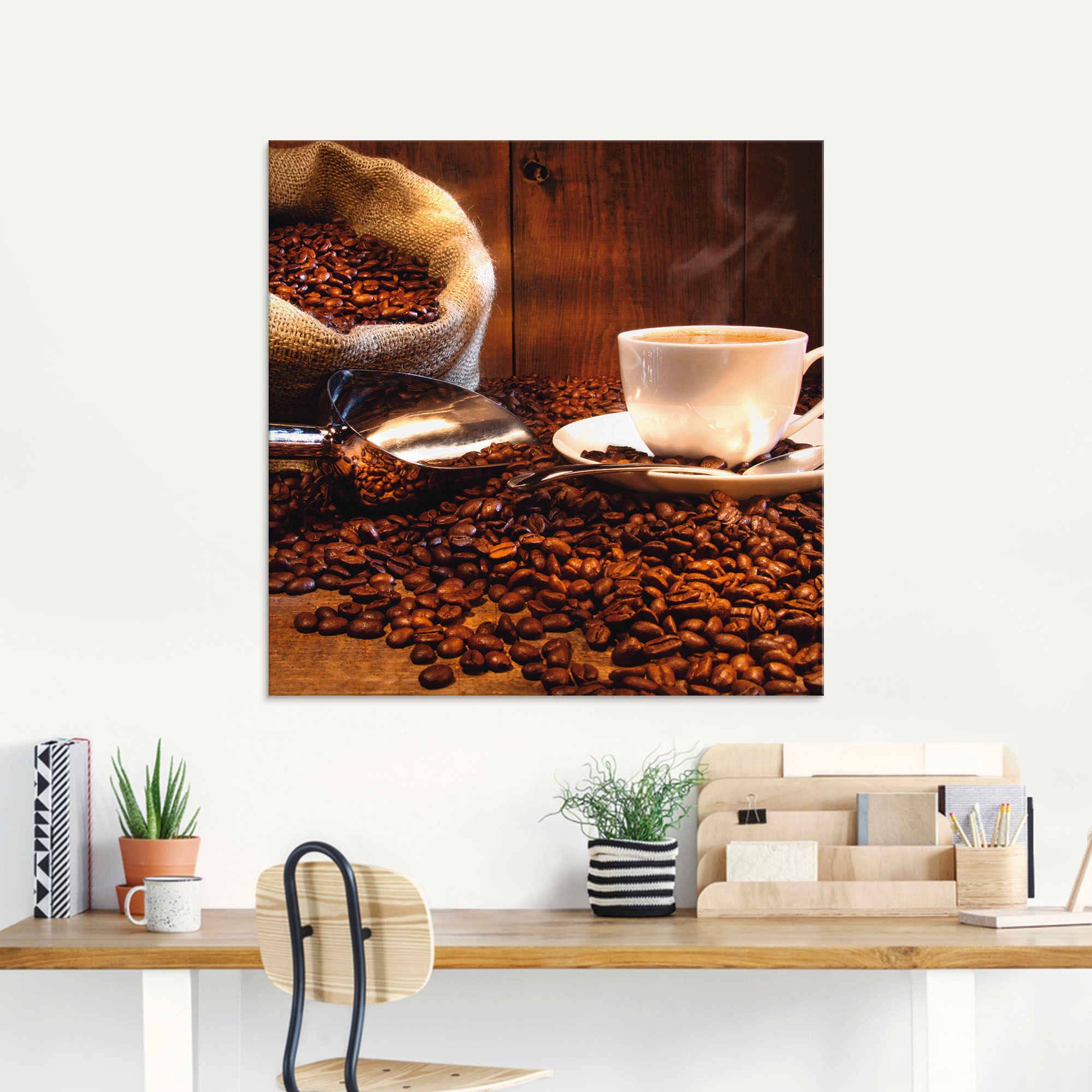 Artland Glasbild »Kaffeetasse und Leinensack auf Tisch«, Getränke, (1 St.), in verschiedenen Größen