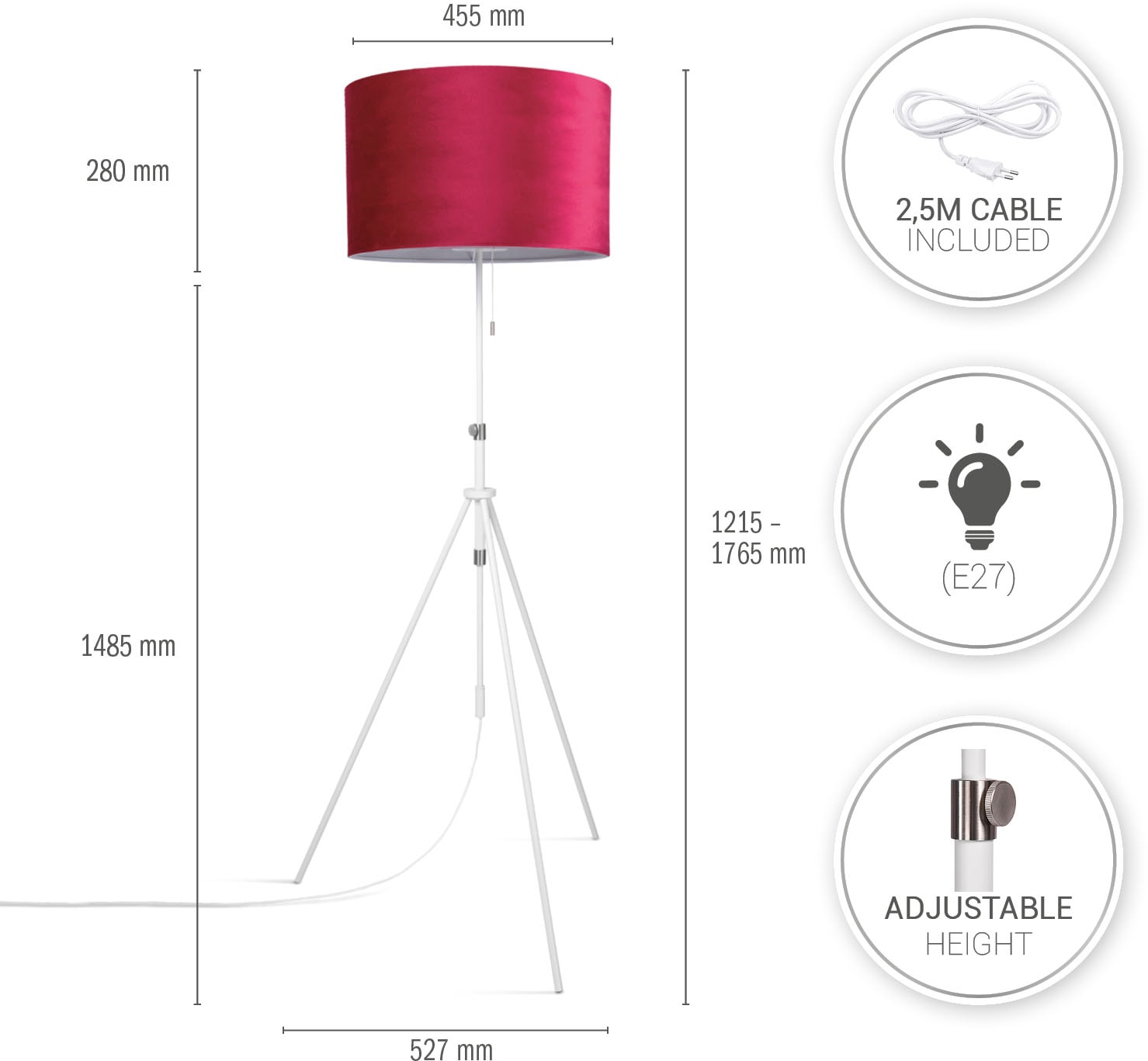 Paco Home Stehlampe »Naomi uni Color«, Wohnzimmer Höhenverstellbar 121,5  bis 176,5 cm Zugschalter Velour online kaufen | mit 3 Jahren XXL Garantie