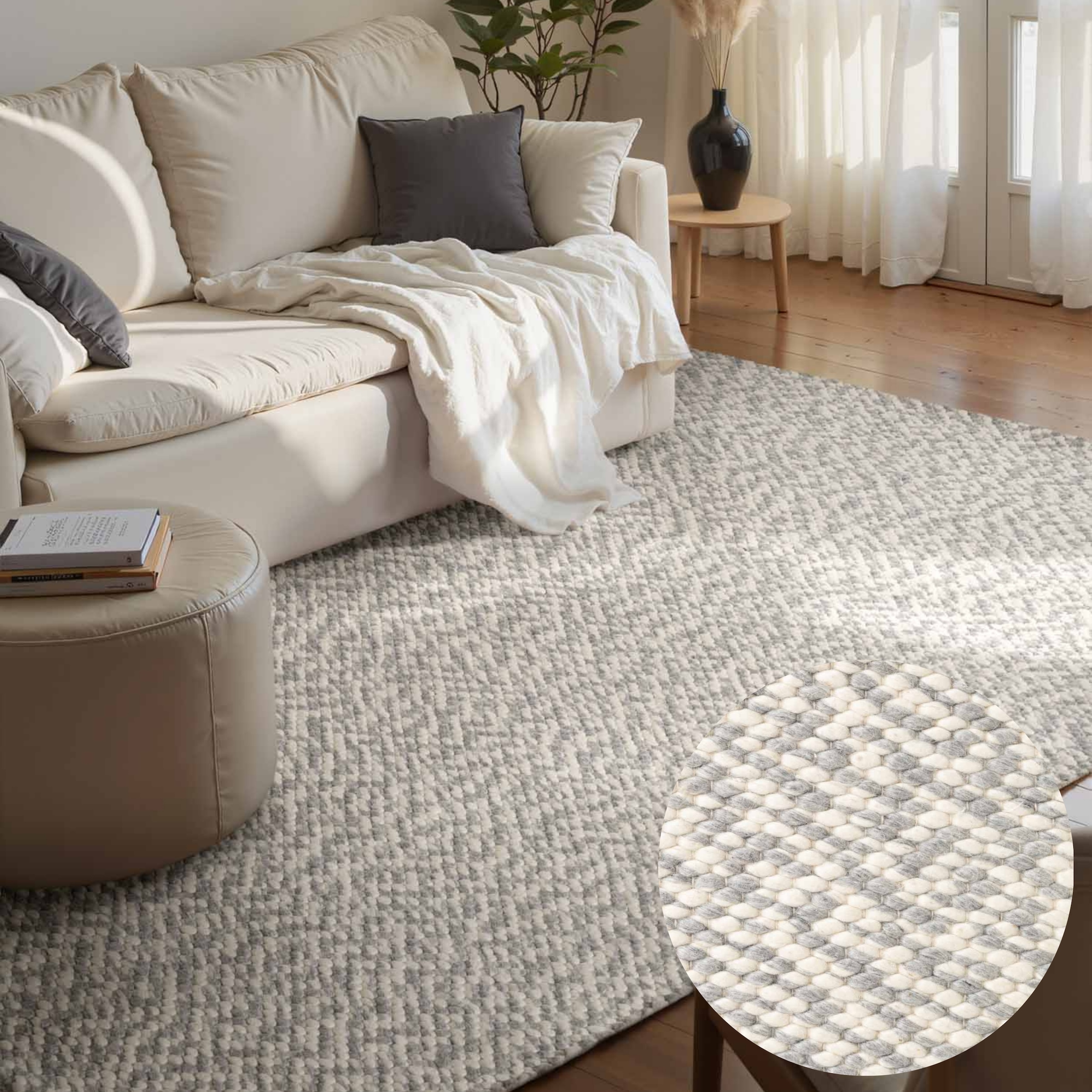 THE RUGS Lyon Handwoven Wool Beans Rug Living Room in Grey | Size: 200cm x 290cm