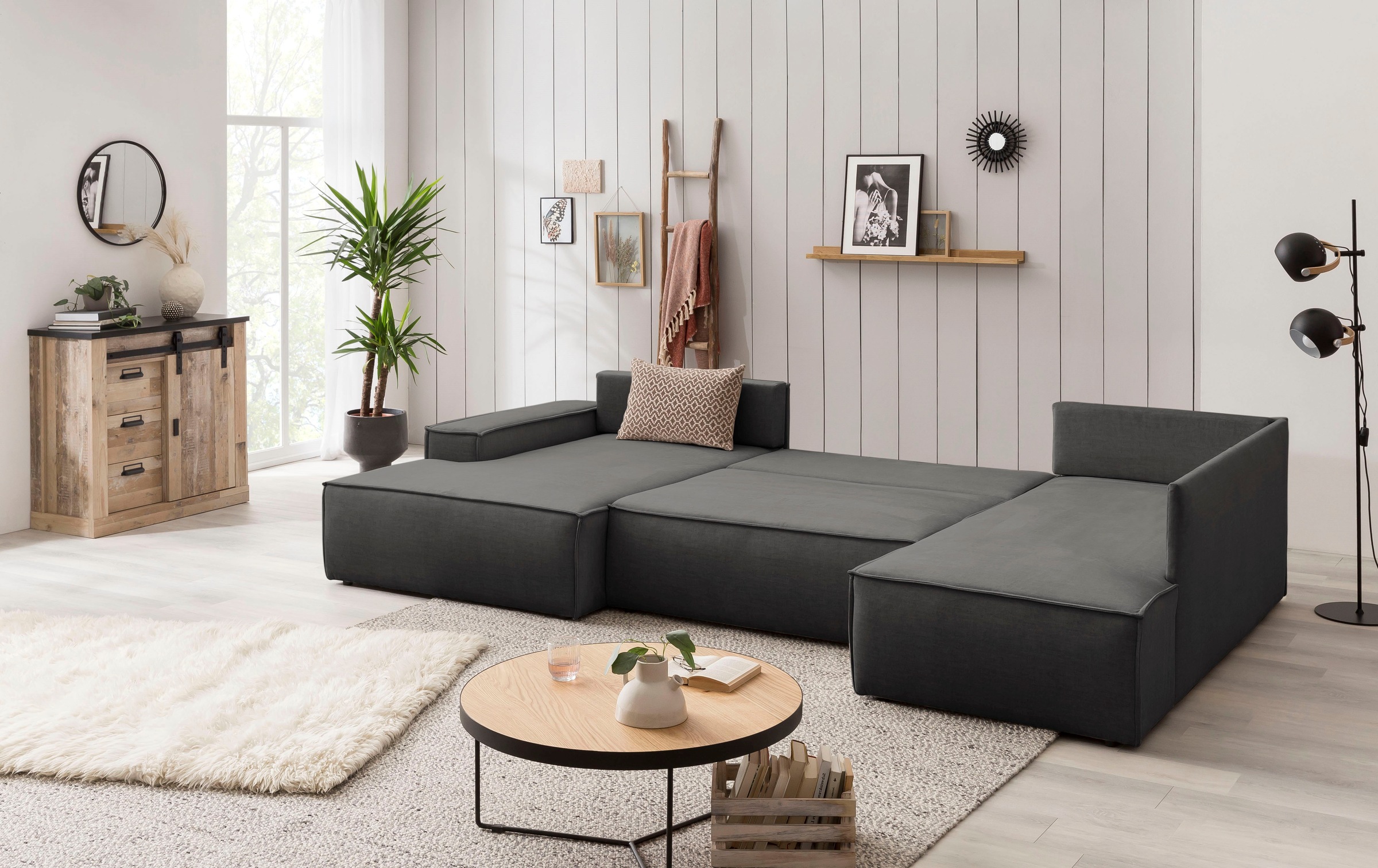 Home affaire Wohnlandschaft »SHERWOOD 329 cm, U-Form, Schlafsofa,«, Schlaffunktion m. Bettkasten (194x139 cm), Cord, Vintage, Samtvelours