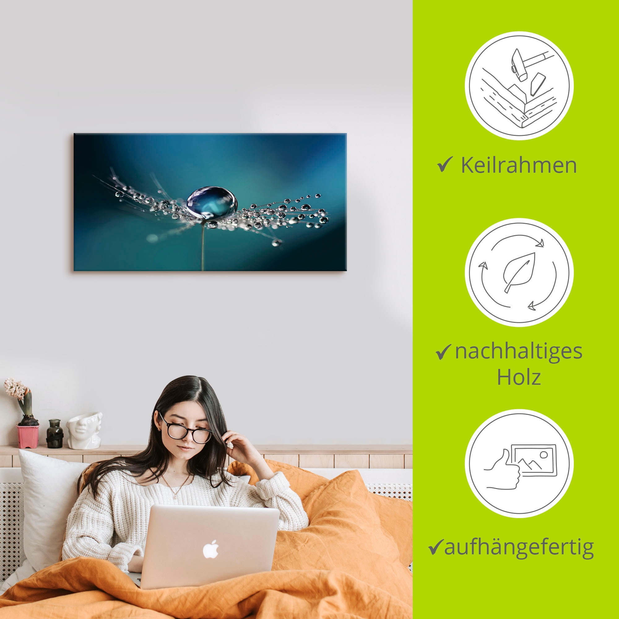 Artland Leinwandbild »Pusteblume Tautropfen blau« Blumenbilder 1 Stk. tlg. auf Holzrahmen gespannt