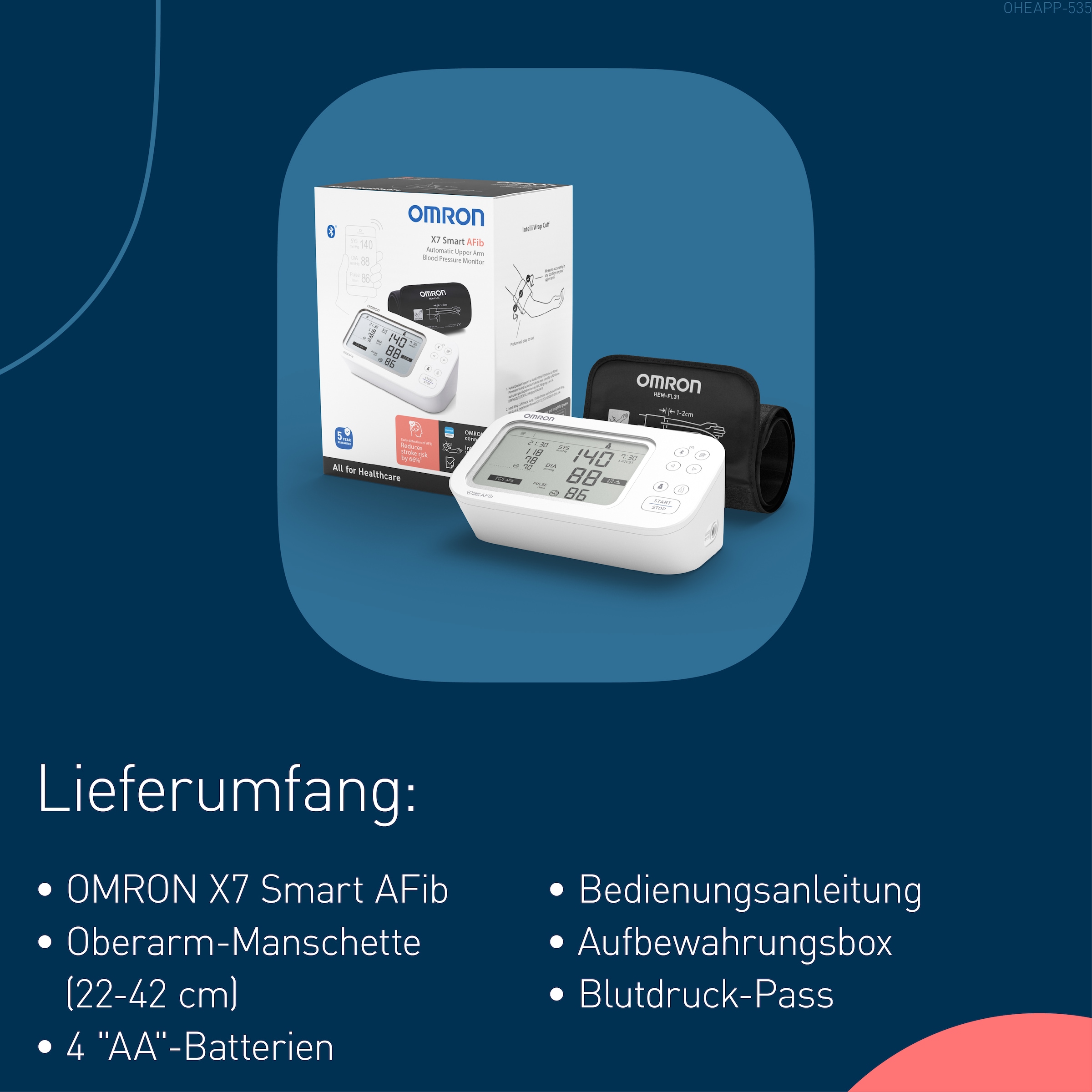Omron Oberarm-Blutdruckmessgerät »X7 Smart AFib, 2 Nutzer, mit AFib Screening bei jeder Messung und App« klinisch validiert, für Diabetiker und Schwangere, 22-42 cm Manschette