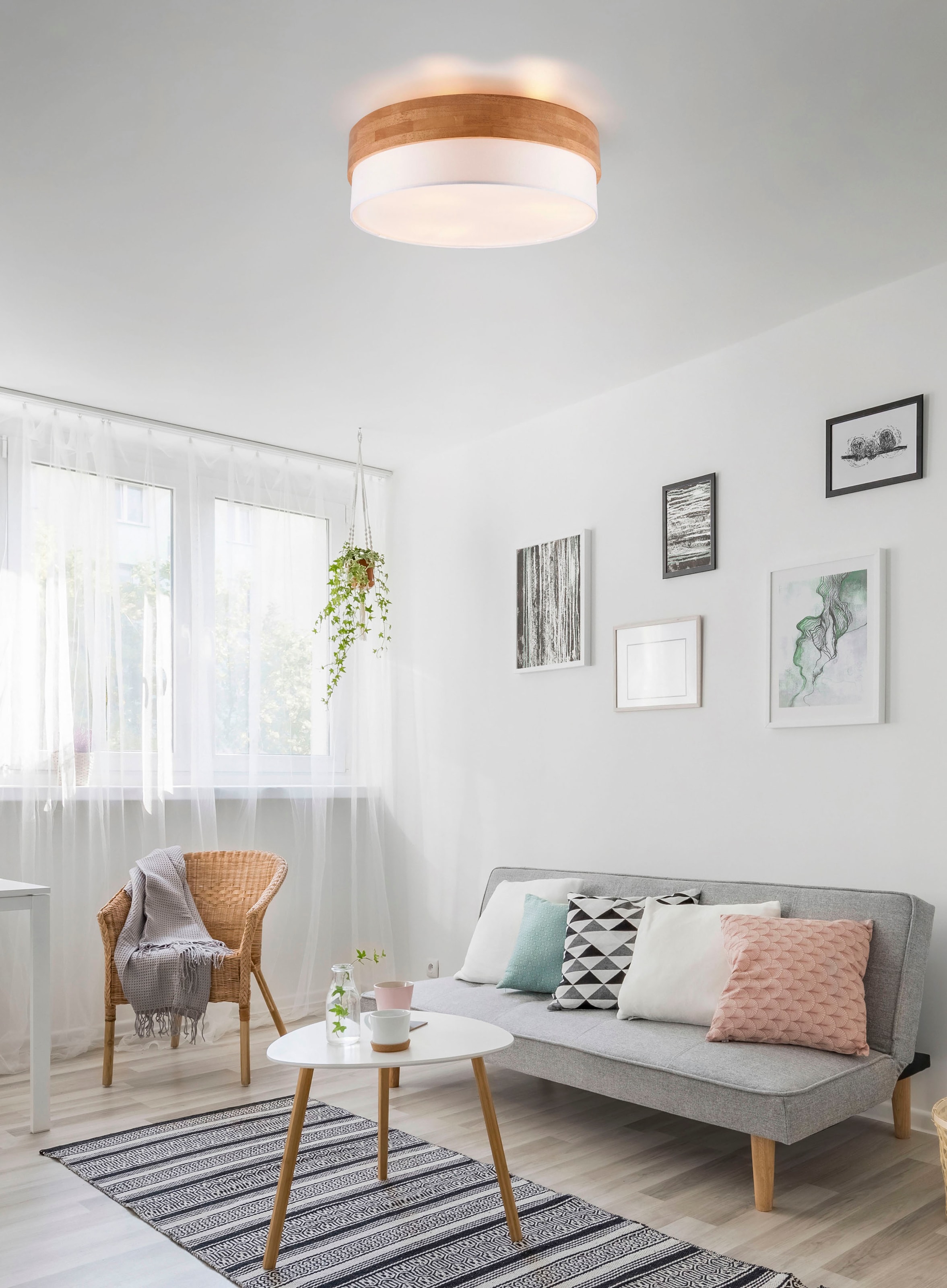 TRIO Leuchten Deckenleuchte »Seasons«, 3 flammig, Leuchtmittel E27 | ohne Leuchtmittel, Deckenlampe Holz mit Stoffschirm Ø50cm exkl 3xE27 max 40W