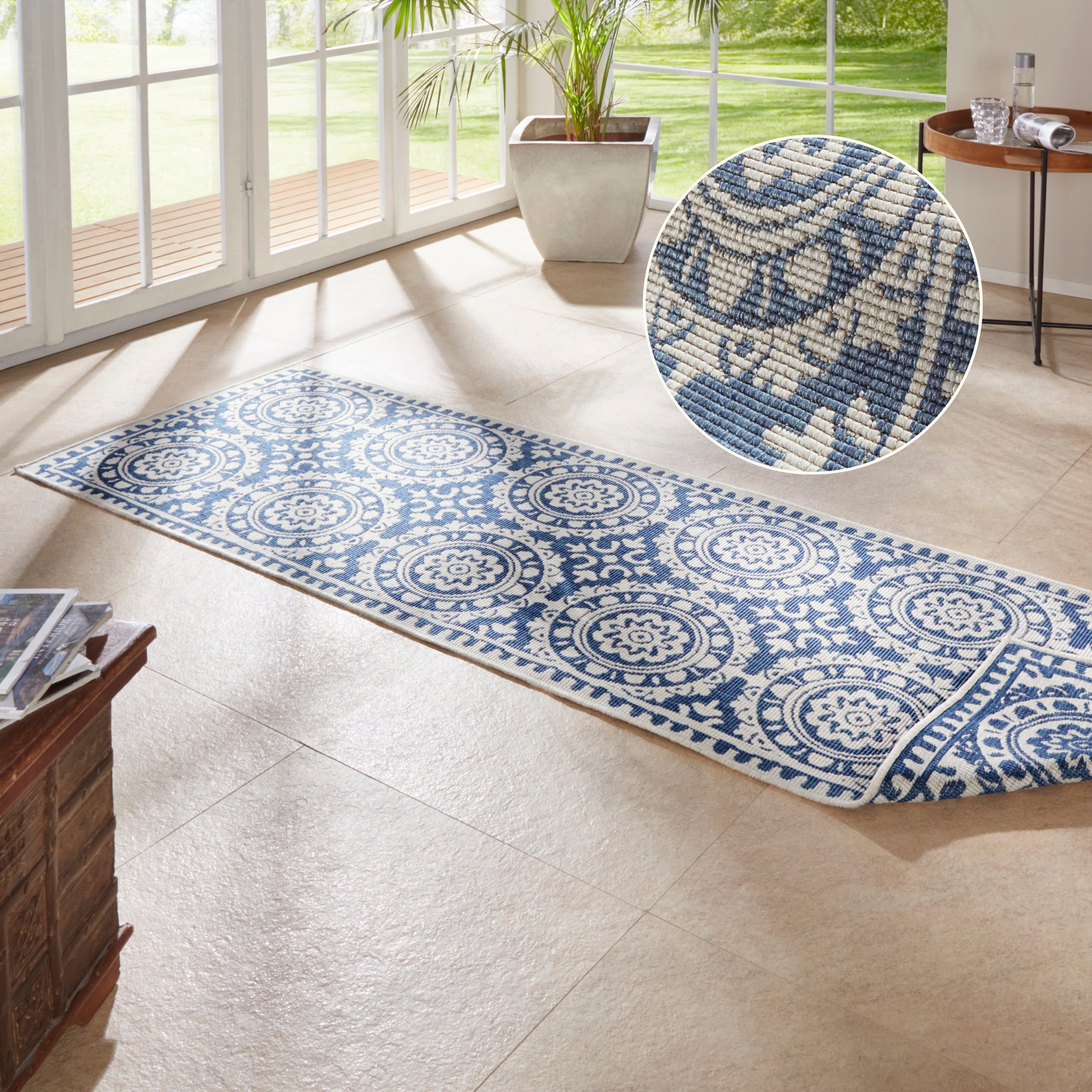 THE RUGS Jardin Reversible Indoor-Outdoor Runner - Durable Polypropylene Rug in Blue | Size: 80cm x 250cm