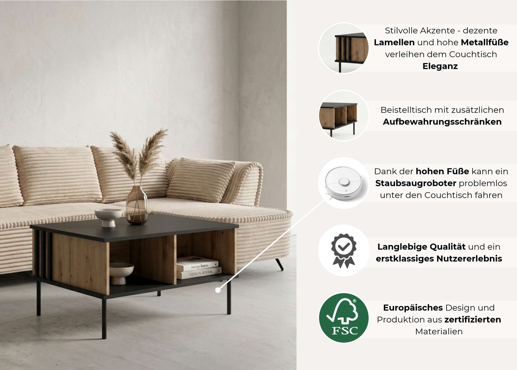 OTTO home Couchtisch »AELLOR Kaffeetisch mit viel Stauraum, modernes Design« Beistelltisch mit zusätzlichen Aufbewahrungsschränken