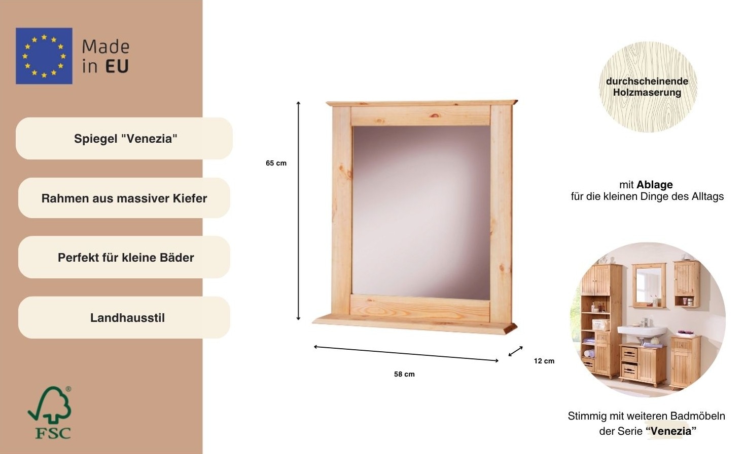 welltime Badspiegel »Venezia Landhaus/Sund« Badmöbel, Breite 58 cm, Rahmen aus Massivholz