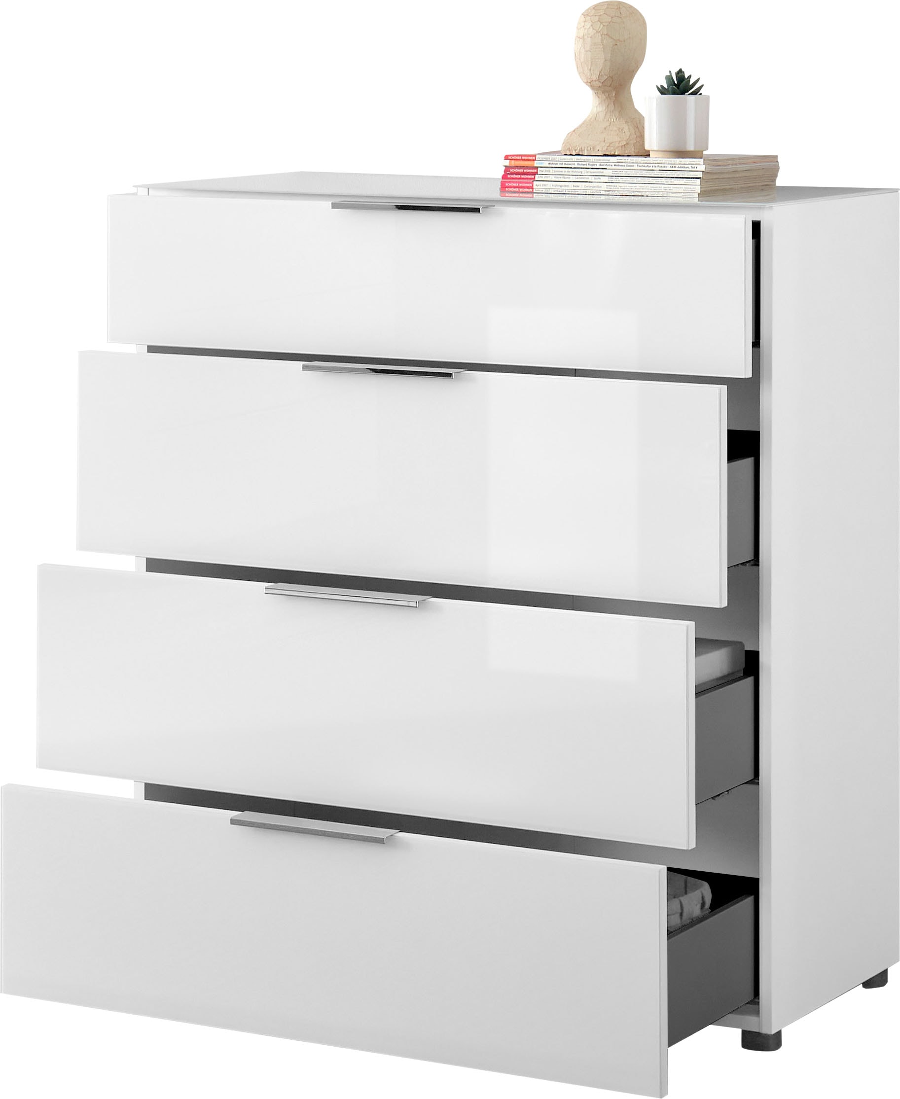 HBZ Kommode »Santorin Mehrzweckschrank mit Schubkästen, BxHxT 90x99x40 cm«, (1 St.), Mit 4 Schubkästen mit Softclose, Glasfront und Glasoberboden