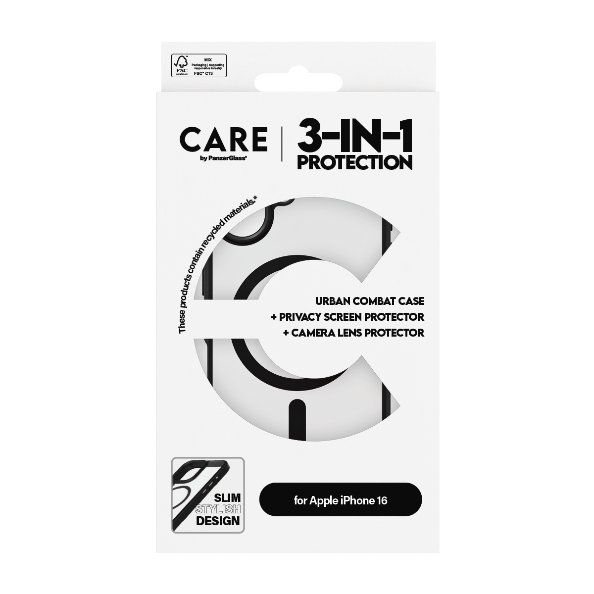 CARE by PanzerGlass Displayschutzglas »3-in-1 Protection, Privacy Glass, Case, Lens Cover«, für Apple iPhone 16, Displayschutzfolie, Schutzfolie, Bildschirmschutz, kratz- & stoßfest