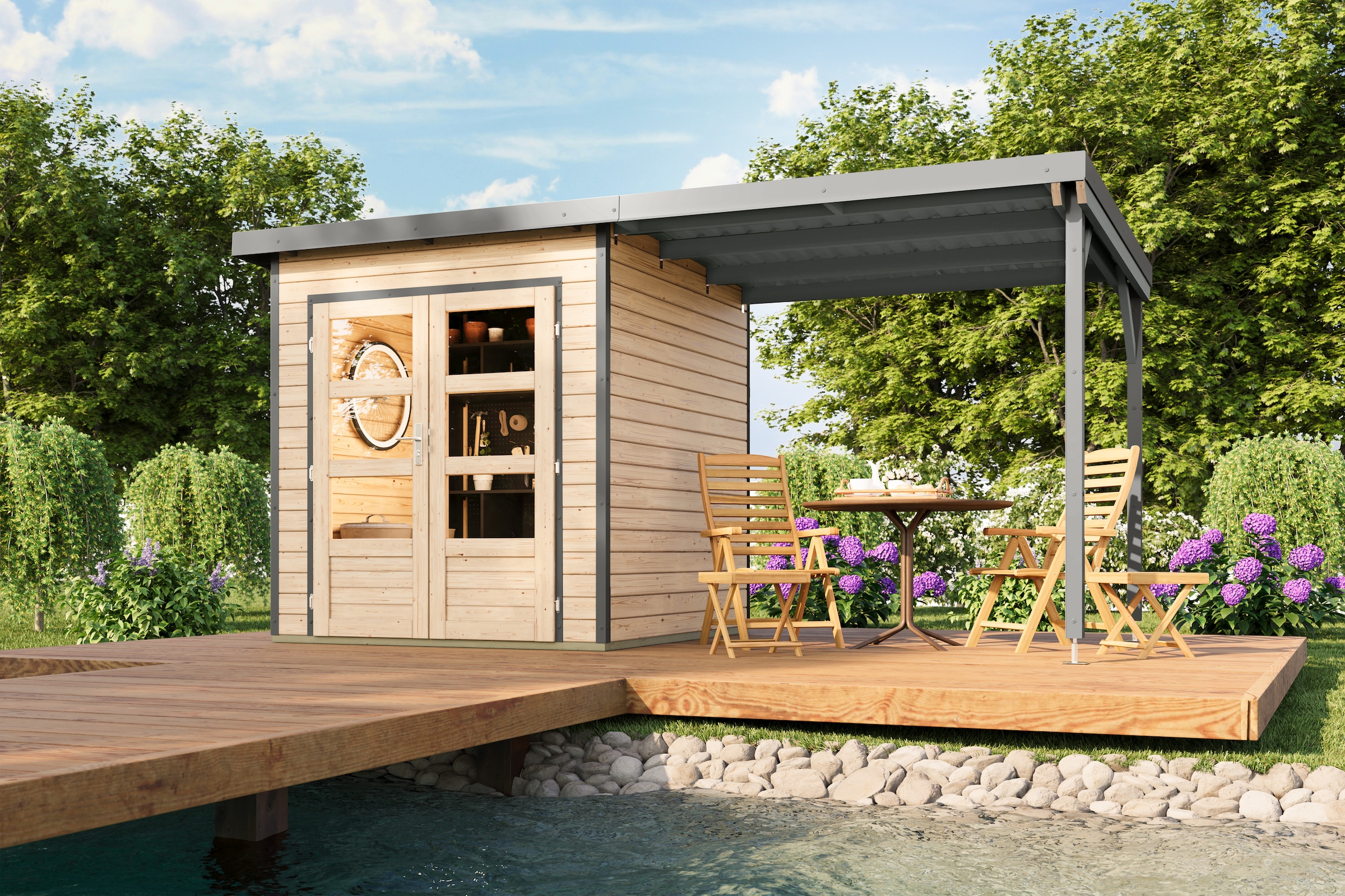 Karibu Gartenhaus »Plutino 1  SET, in verschiedenen Farben« inkl. Anbaudach