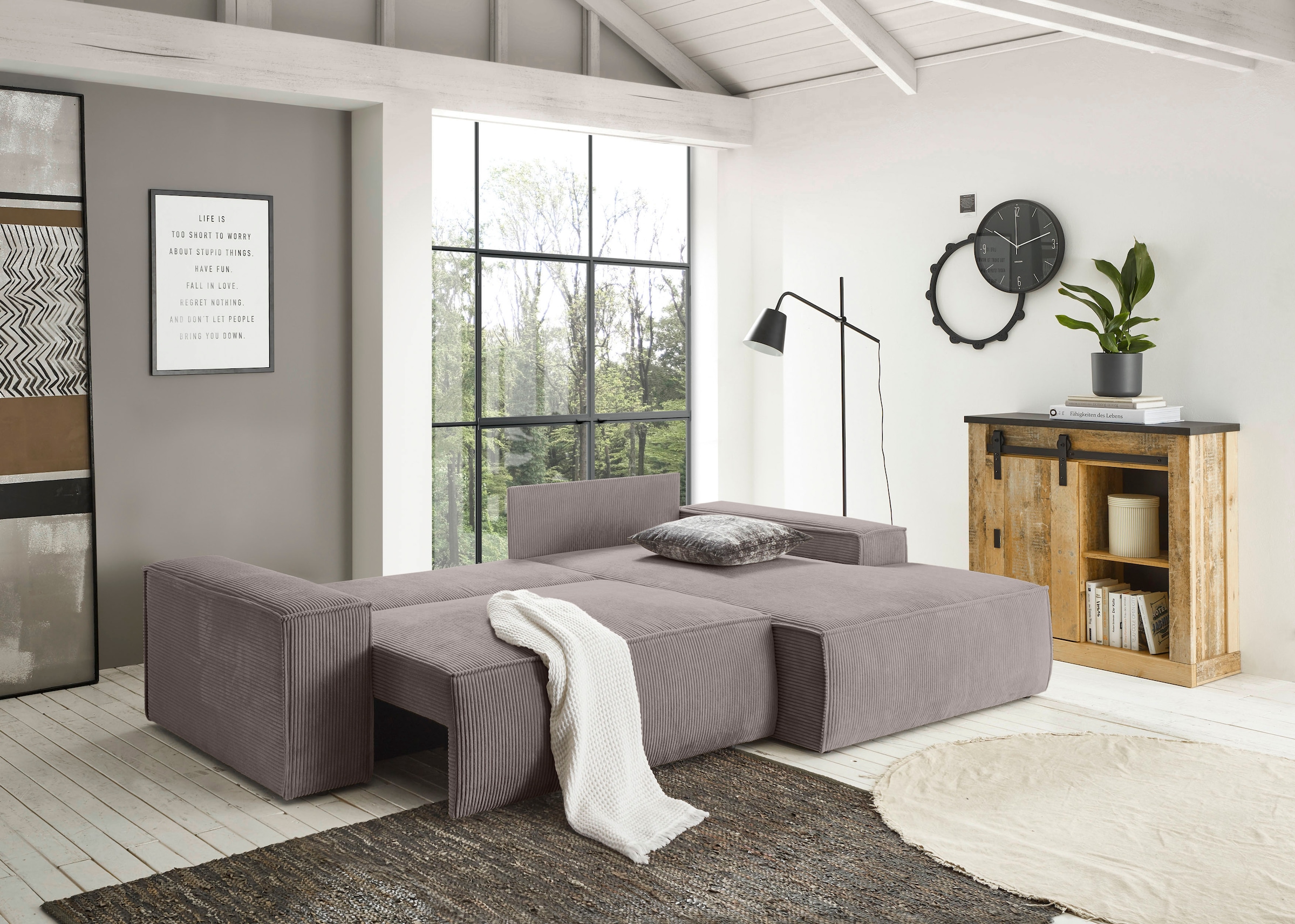 Home affaire Ecksofa »SHERWOOD Schlafsofa 267 cm, L-Form,«, Schlaffunktion mit Bettkasten (210x136 cm), Cord, Vintage, Samtvelours