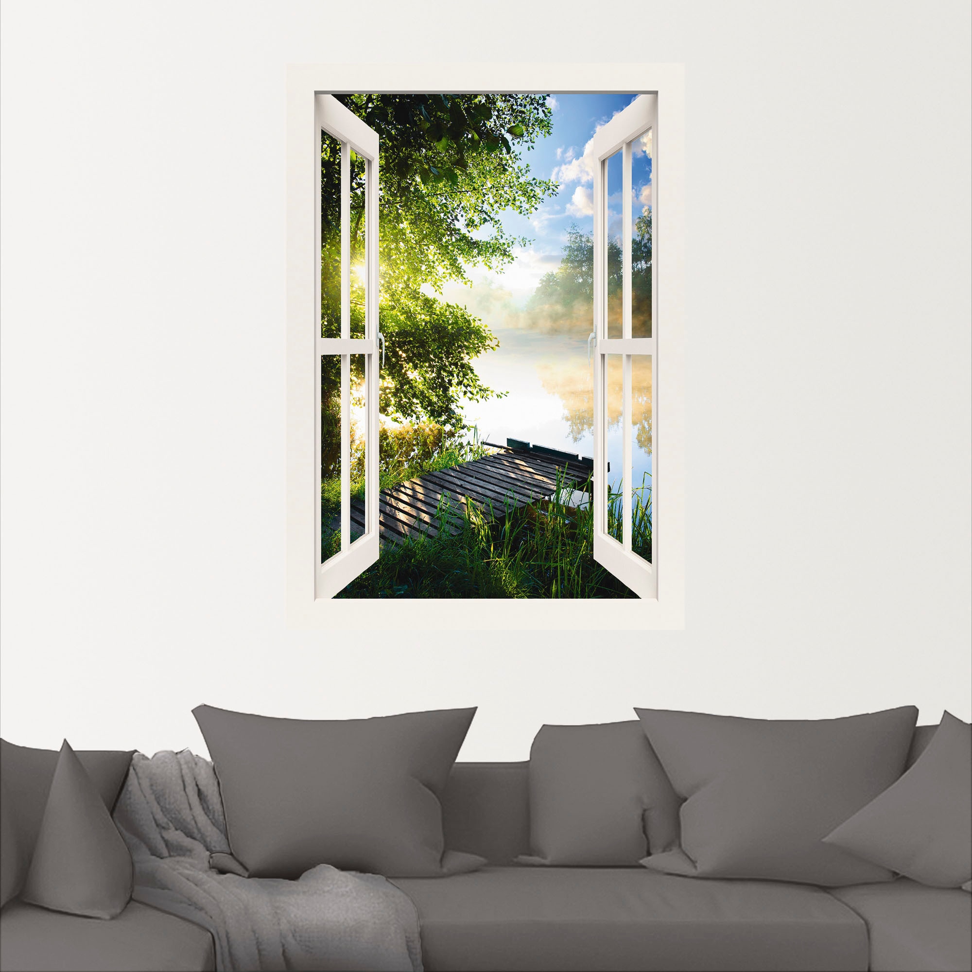 Artland Wandbild »Fensterblick Angelsteg am Fluss«, Fensterblick, (1 St.), als Alubild, Outdoorbild, Leinwandbild, Poster, Wandaufkleber