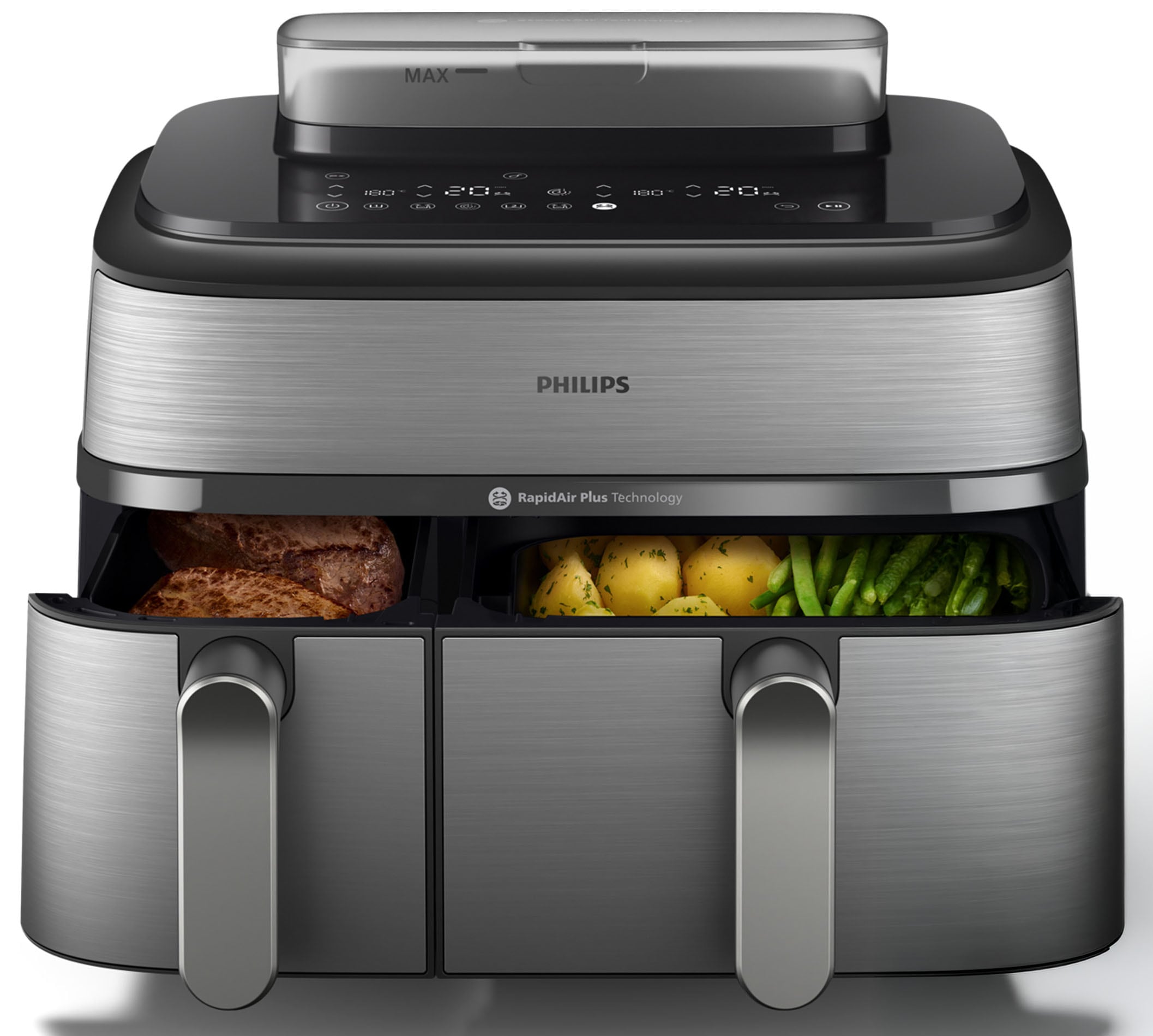 Philips Heißluftfritteuse »NA555/00 Steam Airfryer 5000 Series Dual Basket, 9L Kapazität (3L+6L)« 2750 W mit Dampfgar-Funktion; Silber/Edelstahl