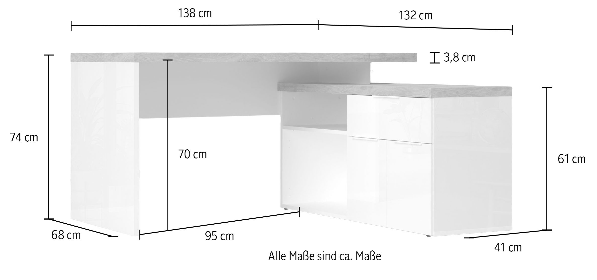 INOSIGN Eckschreibtisch »Easy, Computertisch – 38 mm Platte, perfekt fürs Büro & Homeoffice« Breite/Tiefe 138/132 cm, Schubkasten mit Selbsteinzug u. Dämpfung