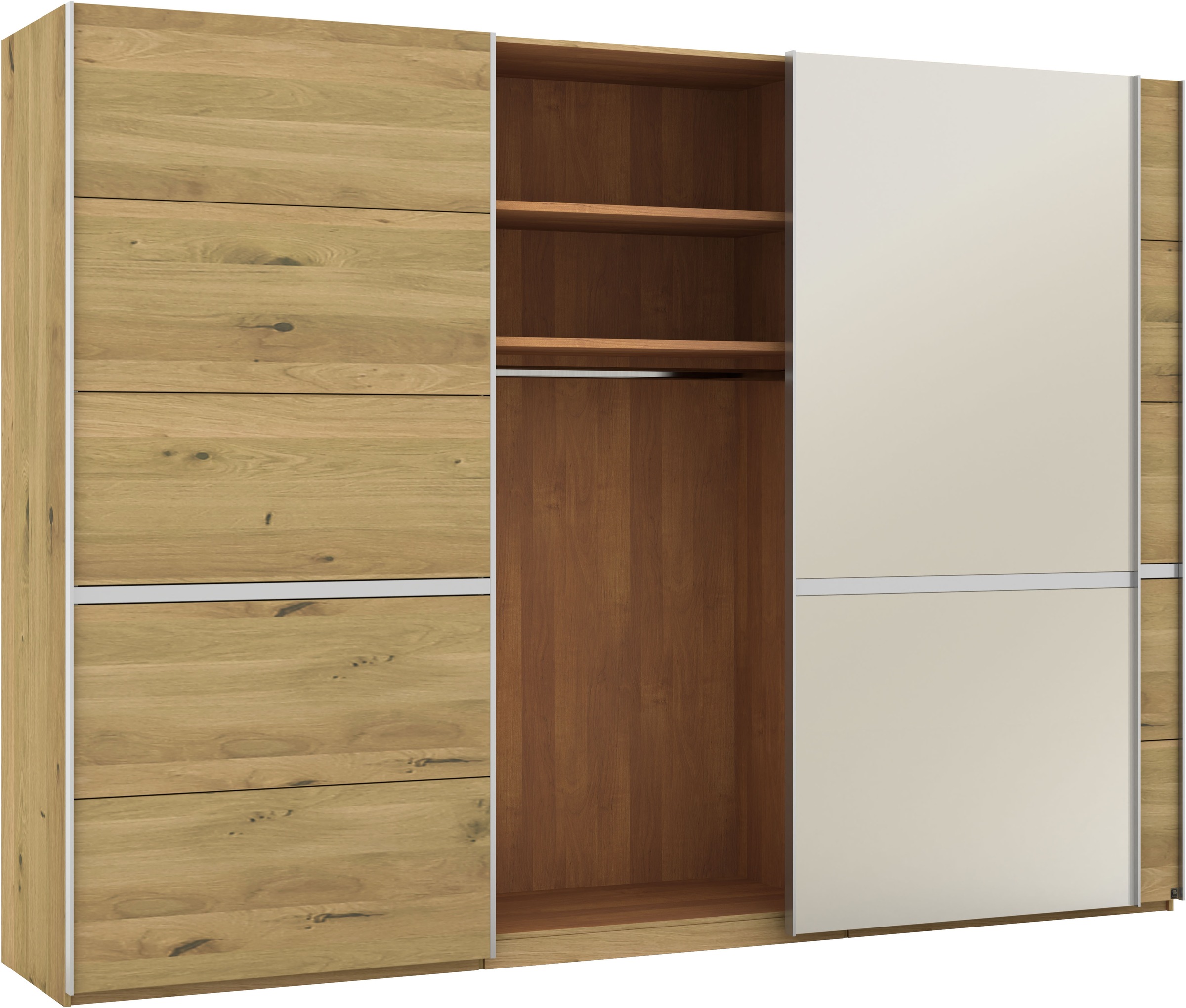 Musterring Schwebetürenschrank »Savona, Kleiderschrank, Schrank, Garderobe, mit Schiebetüren«, (Teilmassiv Bianco-Eiche, mit Spiegel oder Glas, MADE IN GERMANY), Türen Bianco-Eiche massiv, Spiegel-/Glastüren, eingelegte Chromleiste