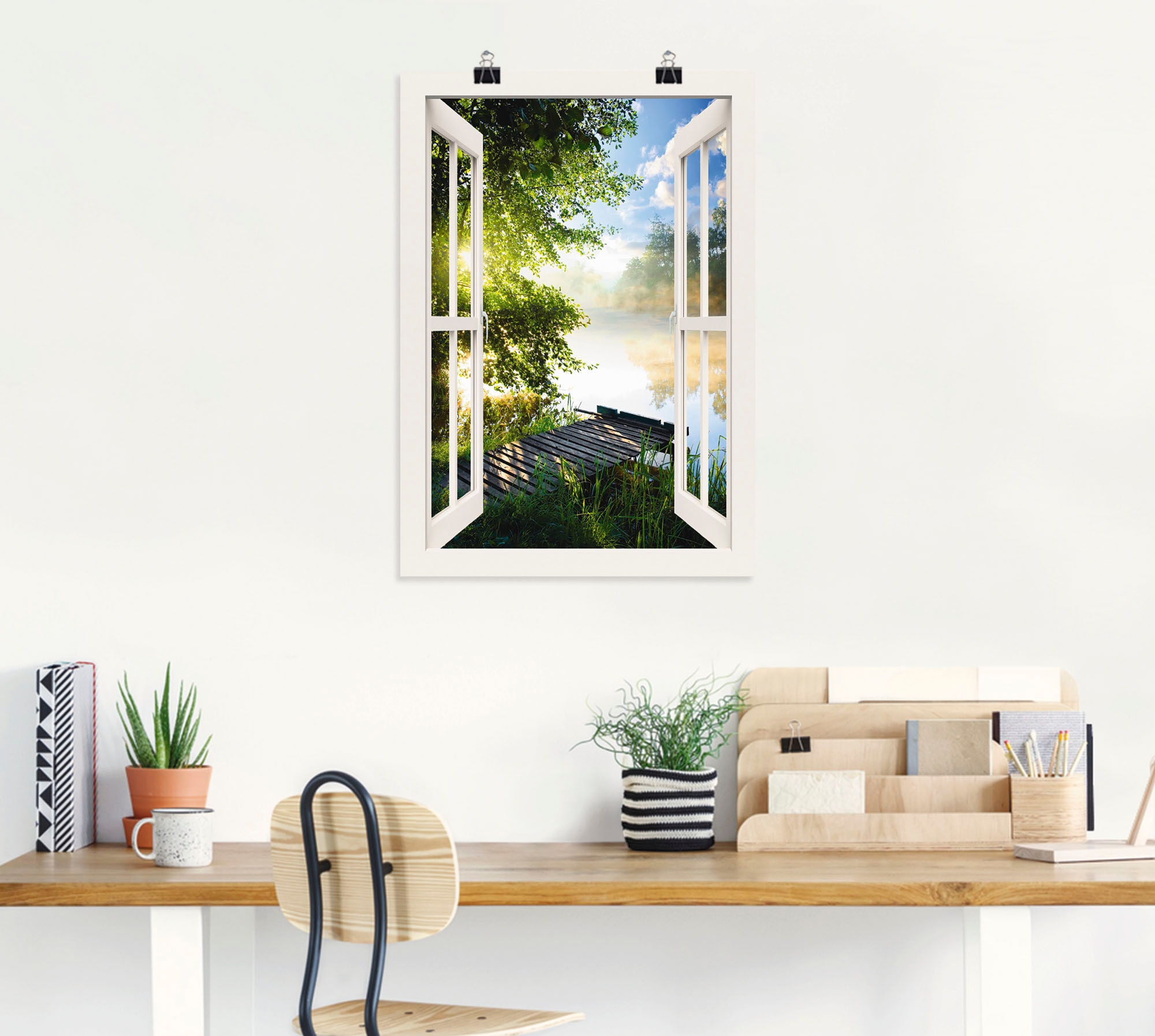 Artland Wandbild »Fensterblick Angelsteg am Fluss«, Fensterblick, (1 St.), als Alubild, Outdoorbild, Leinwandbild, Poster, Wandaufkleber