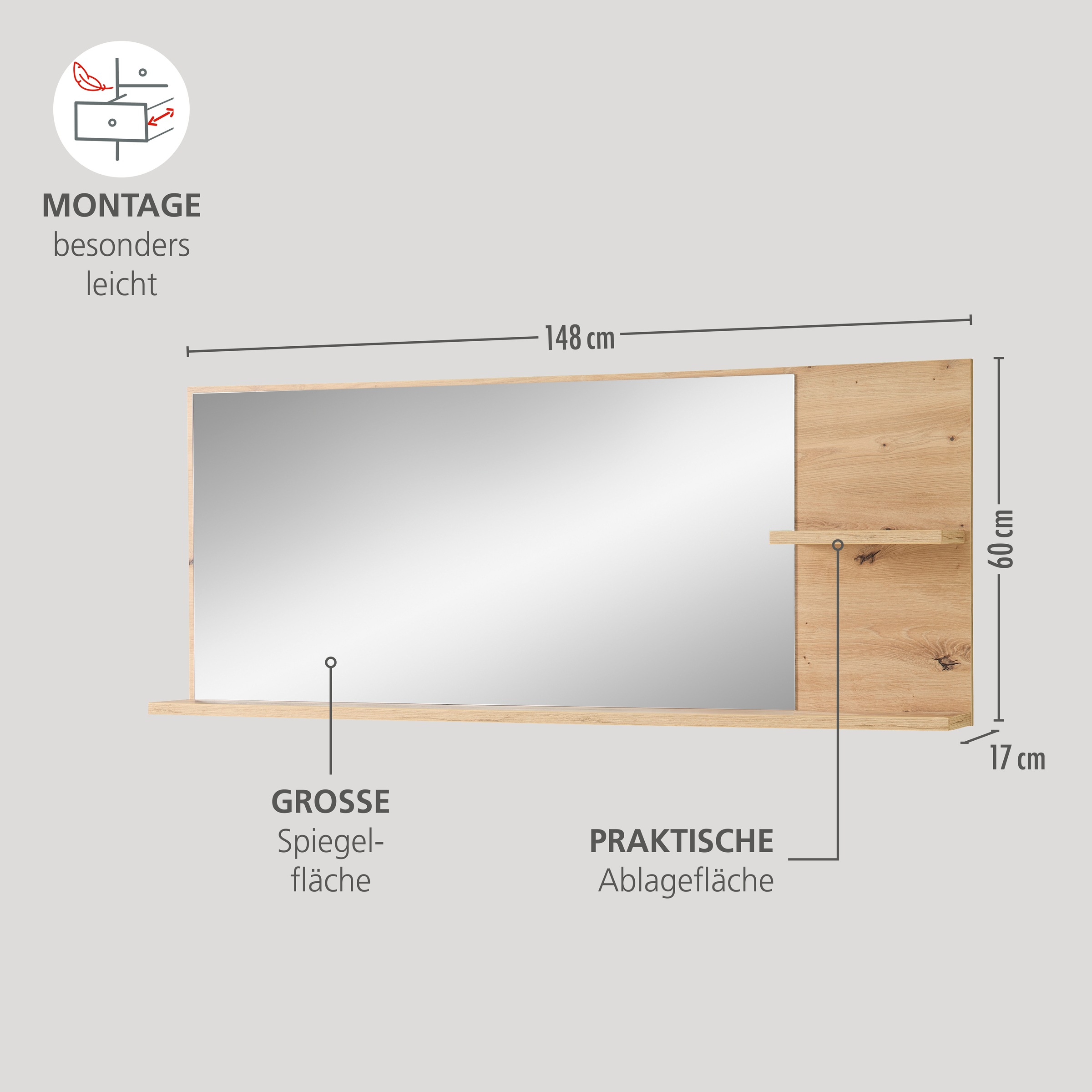 Innostyle Garderobenspiegel »BARI Wandspiegel« Spiegelfläche 148 x 60 cm, 2 Ablageböden