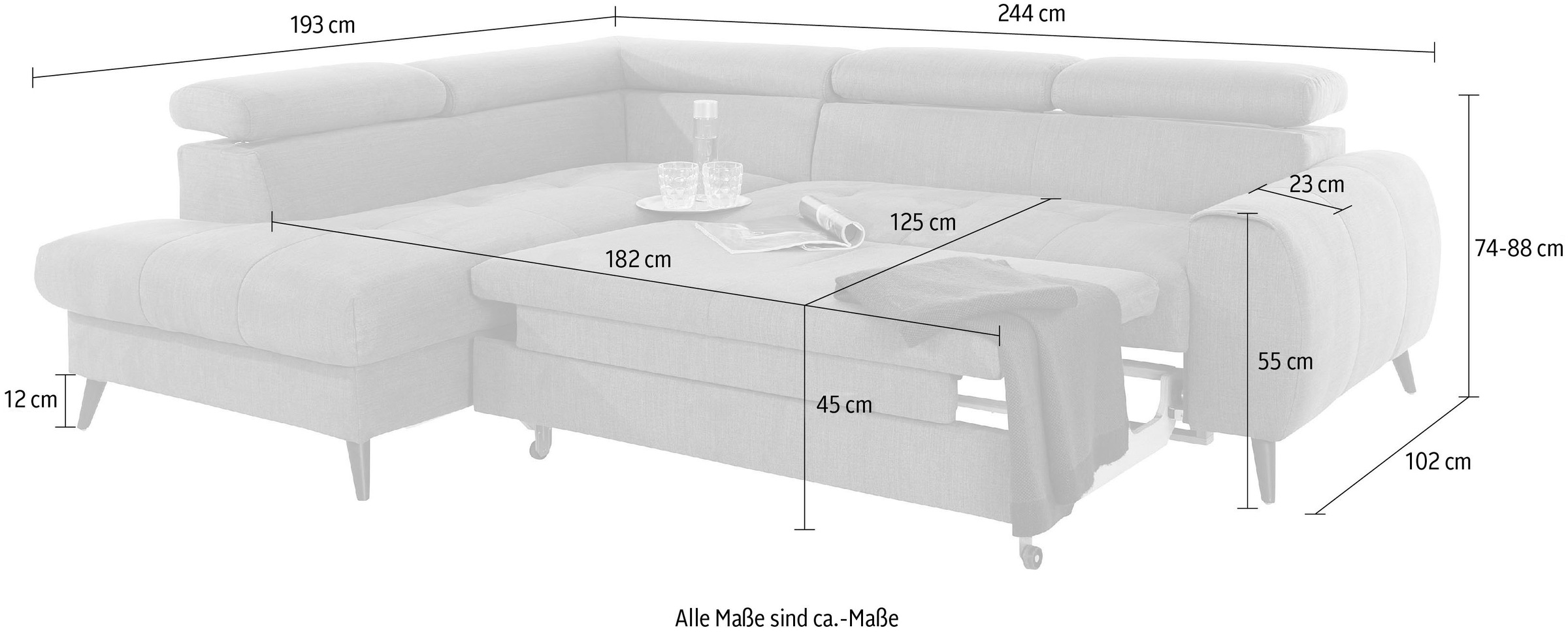 COTTA Ecksofa »Mia L-Form mit 3 Zierkissen«, wahlweise mit Bettfunktion, Bettkasten, Beleuchtung & Wireless-Charger
