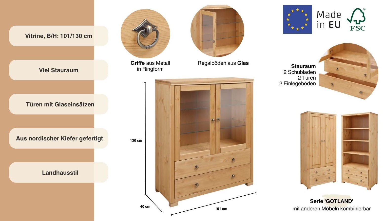 Home affaire Highboard »Gotland«, Vitrine, Breite 101 cm, Türen mit Glaseinsätzen, aus massiver Kiefer