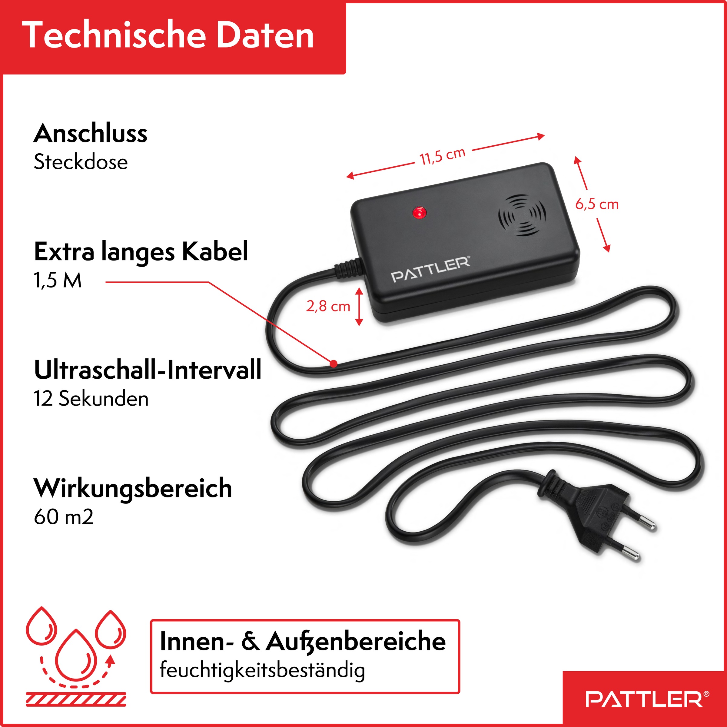 Pattler Ultraschall-Tierabwehr »Marderschreck mit  Hochfrequenztönen« 1 Gerät für ca. 60 m²