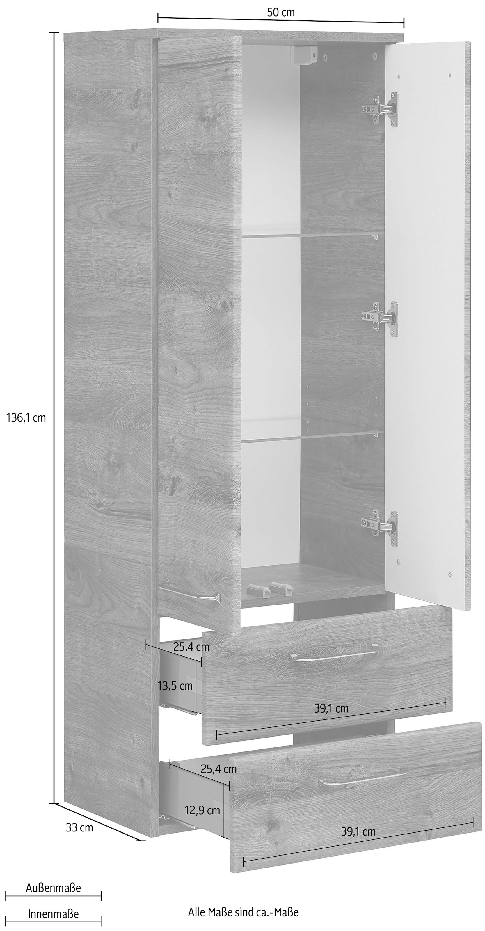 Saphir Midischrank »Quickset Badschrank 50 cm breit, 2 Türen, 2 Schubladen, 2 Einlegeböden« Badezimmer-Midischrank inkl. Türdämpfer, Griffe in Chrom glänzend