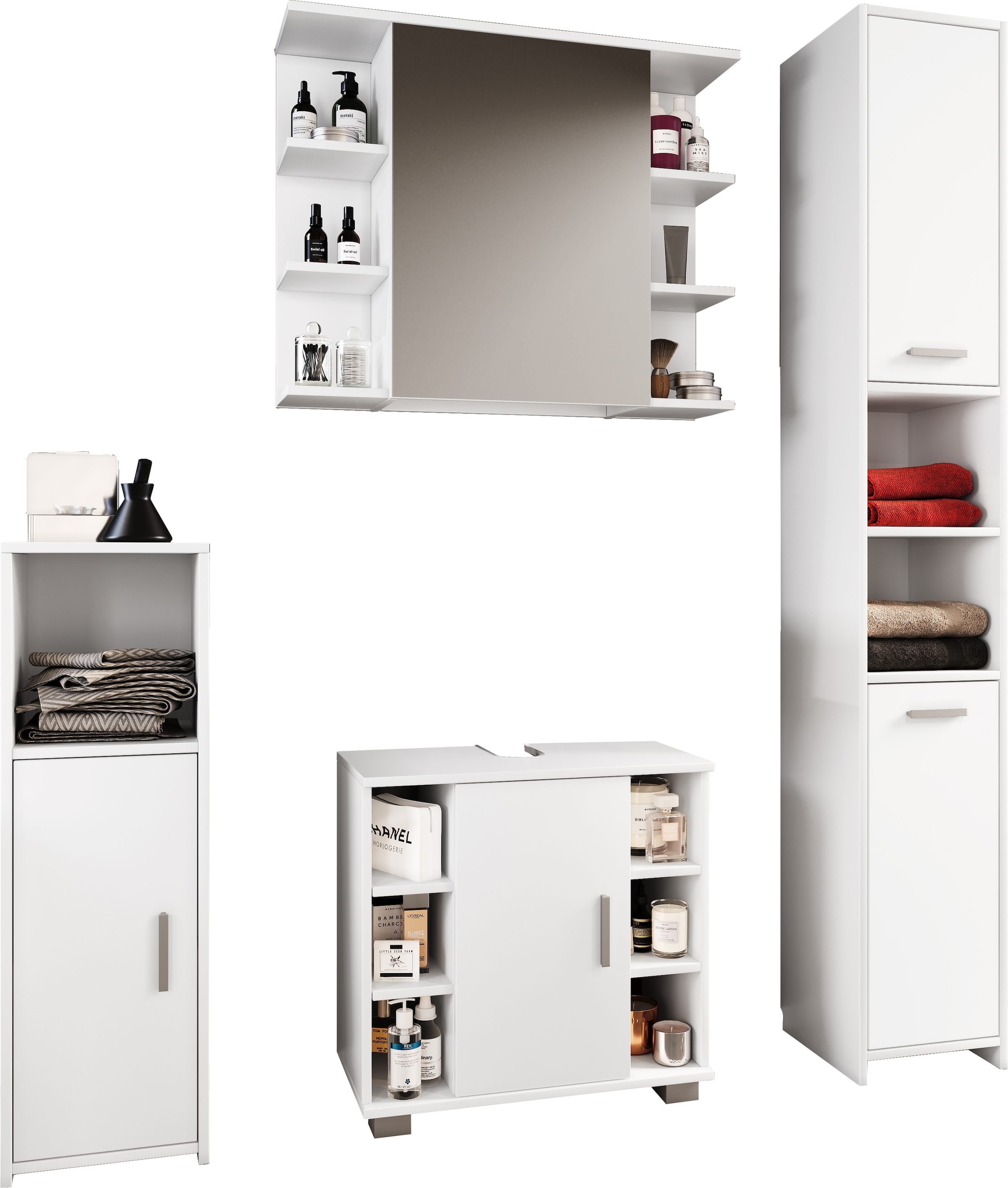 VCM Waschbeckenunterschrank »VCM 4-tlg. Badmöbelset | Badmöbel | Set aus Unterschrank, Midischrank, Hochschrank und Spiegelschrank | Badezimmermöbel - Zalo II«, (4 St.)