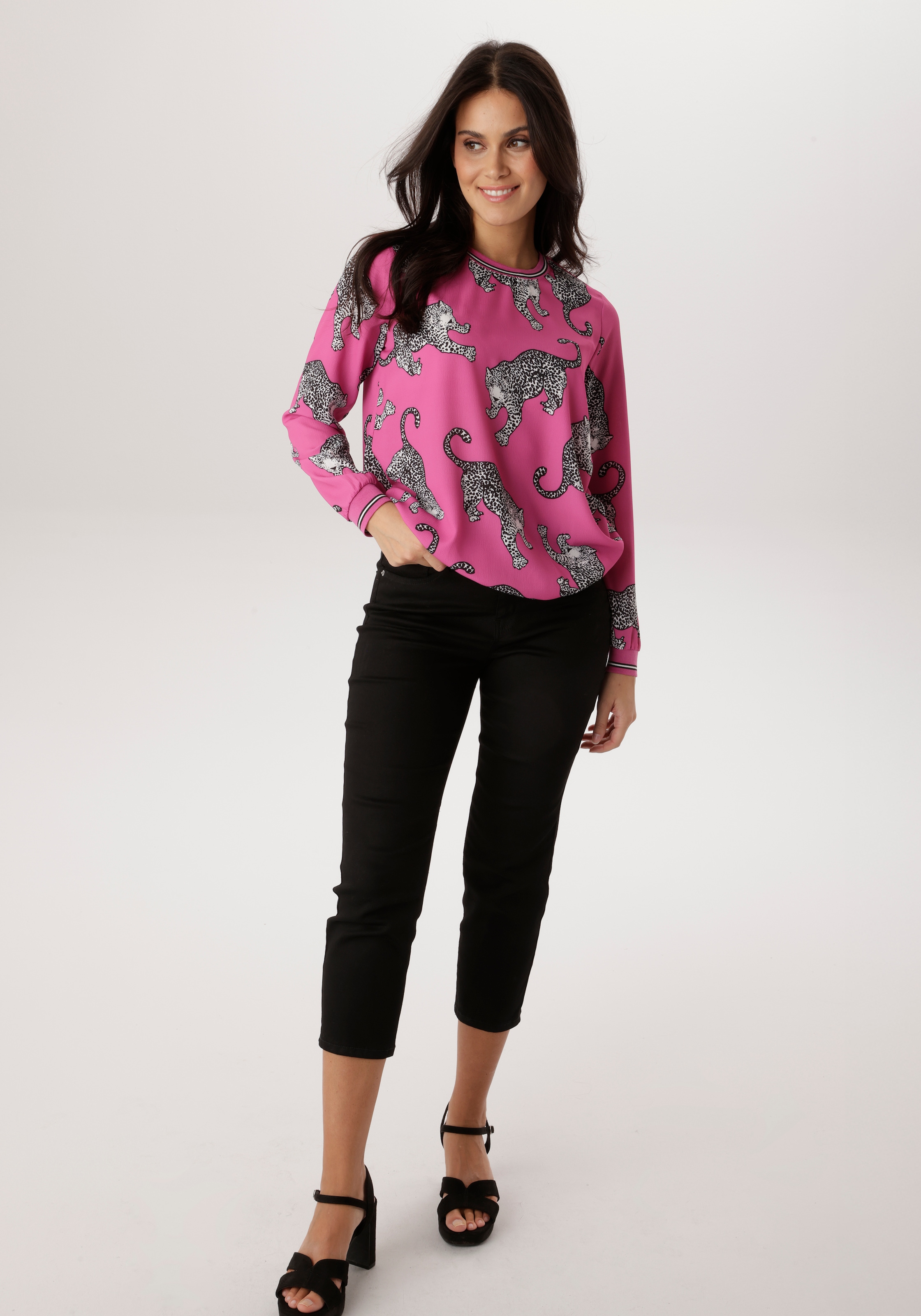 Aniston SELECTED Shirtbluse mit gestreiften Bündchen und Lepoarden-Druck allover - NEUE KOLLEKTION