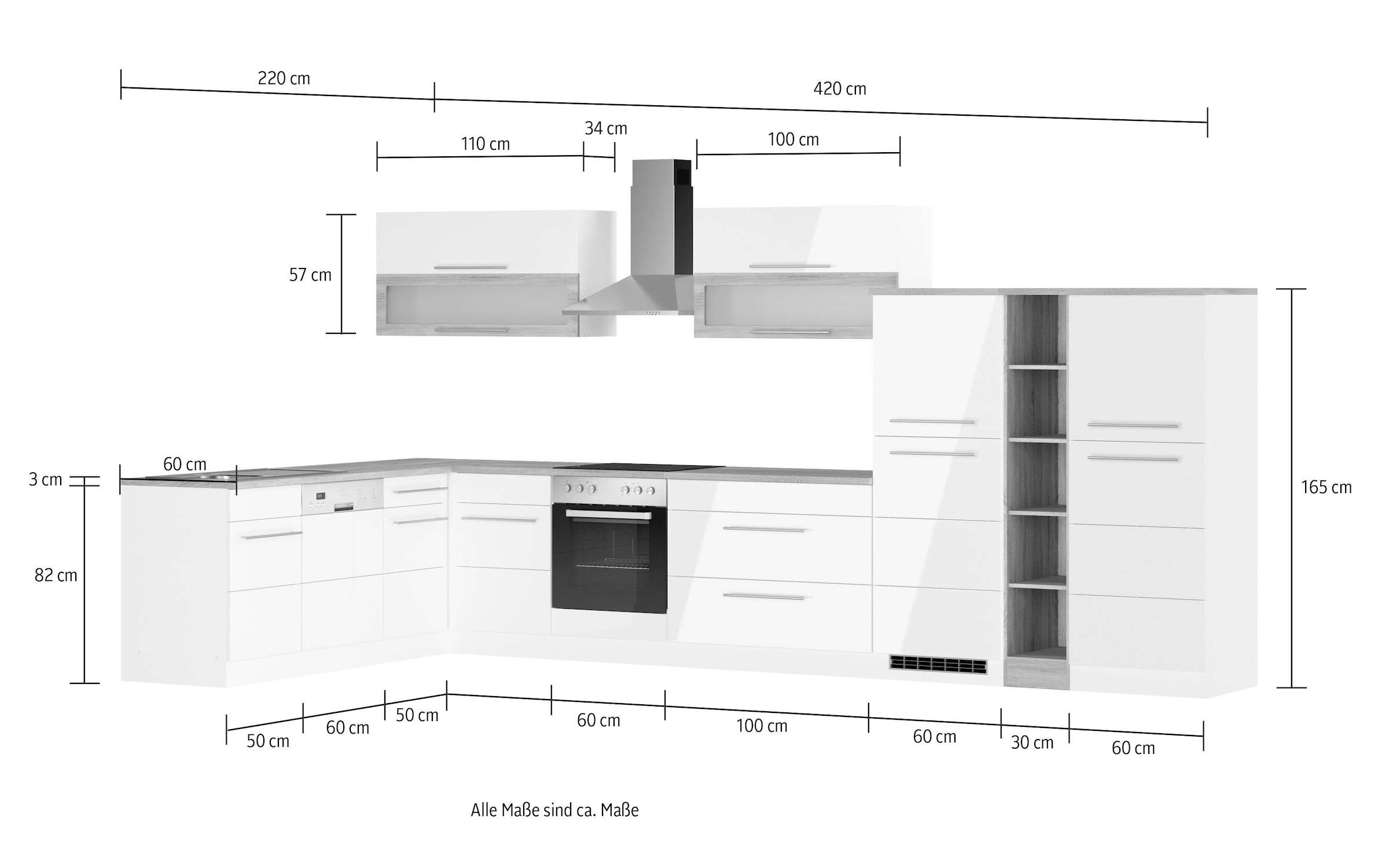 KOCHSTATION Winkelküche »KS-Wien«, Stellbreite 220 x 420 cm, wahlweise mit E-Geräten