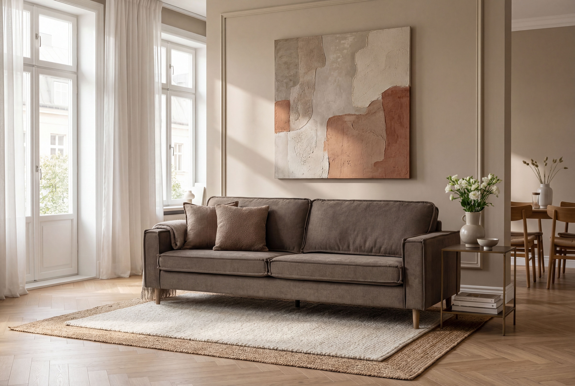 Home affaire 3-Sitzer »Pinto Skandi,Maxi-Ausführung, 236 cm, Chenille, Struktur« mit Keder, Massivholzfüße Eiche geräuchert, Wellenunterfederung