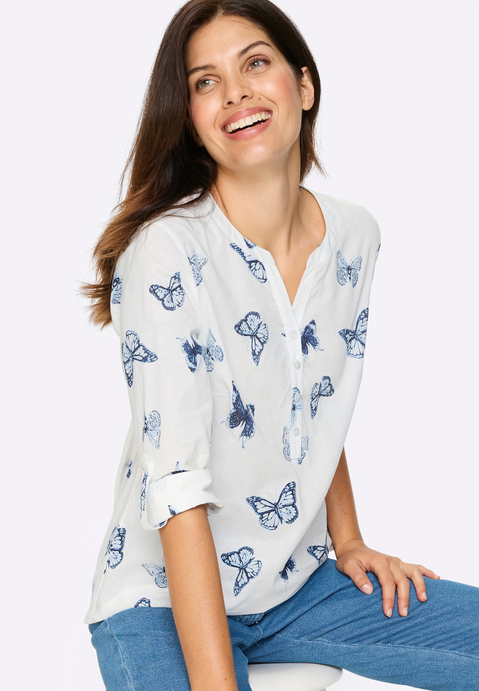Sieh an! Klassische Bluse »Druckbluse Baumwollbluse mit Schmetterlings-Print«