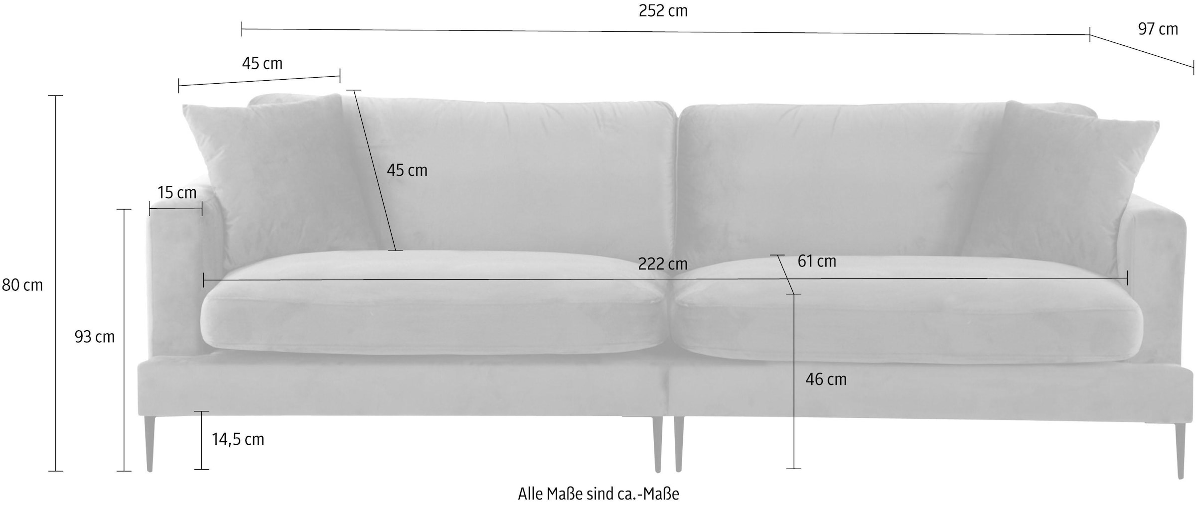 Leonique Big-Sofa »Cozy elegantes Designsofa, Maße B/T/H: 252/97/80 cm« mit losen Kissen und Metallbeinen