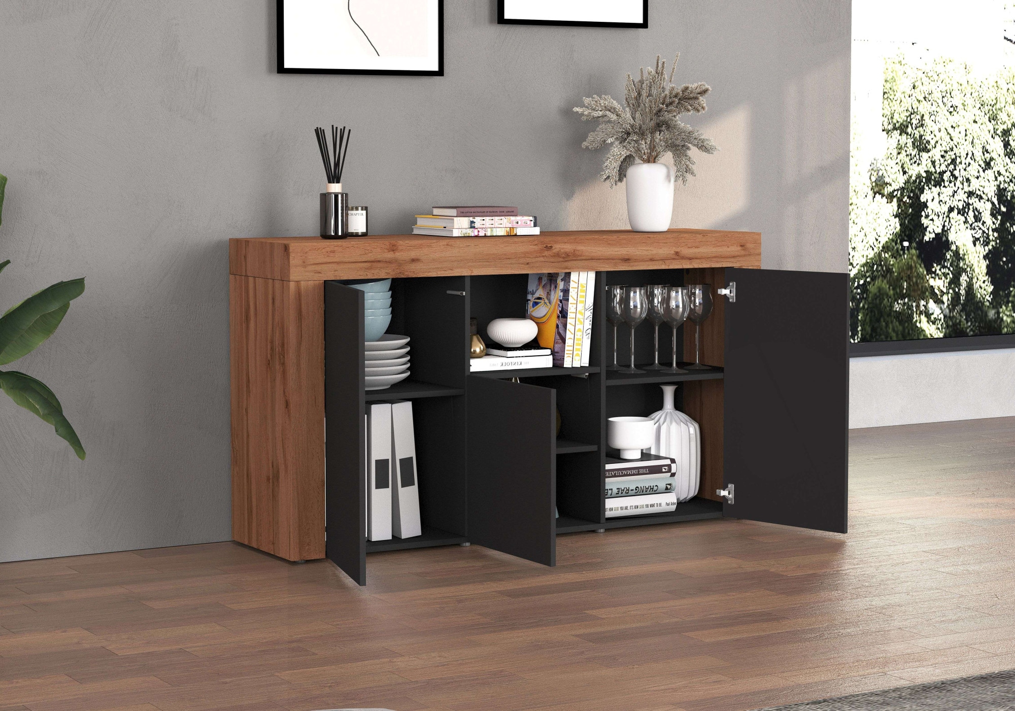 INOSIGN Sideboard »CHRONOS Breite 155 cm mit 3 Türen, 1 offenes und 6 geschlossene Fächer«, (1 St.), Sideboard,Kommode, Schrank, Grifflos mit Push to Open, Made in Italy