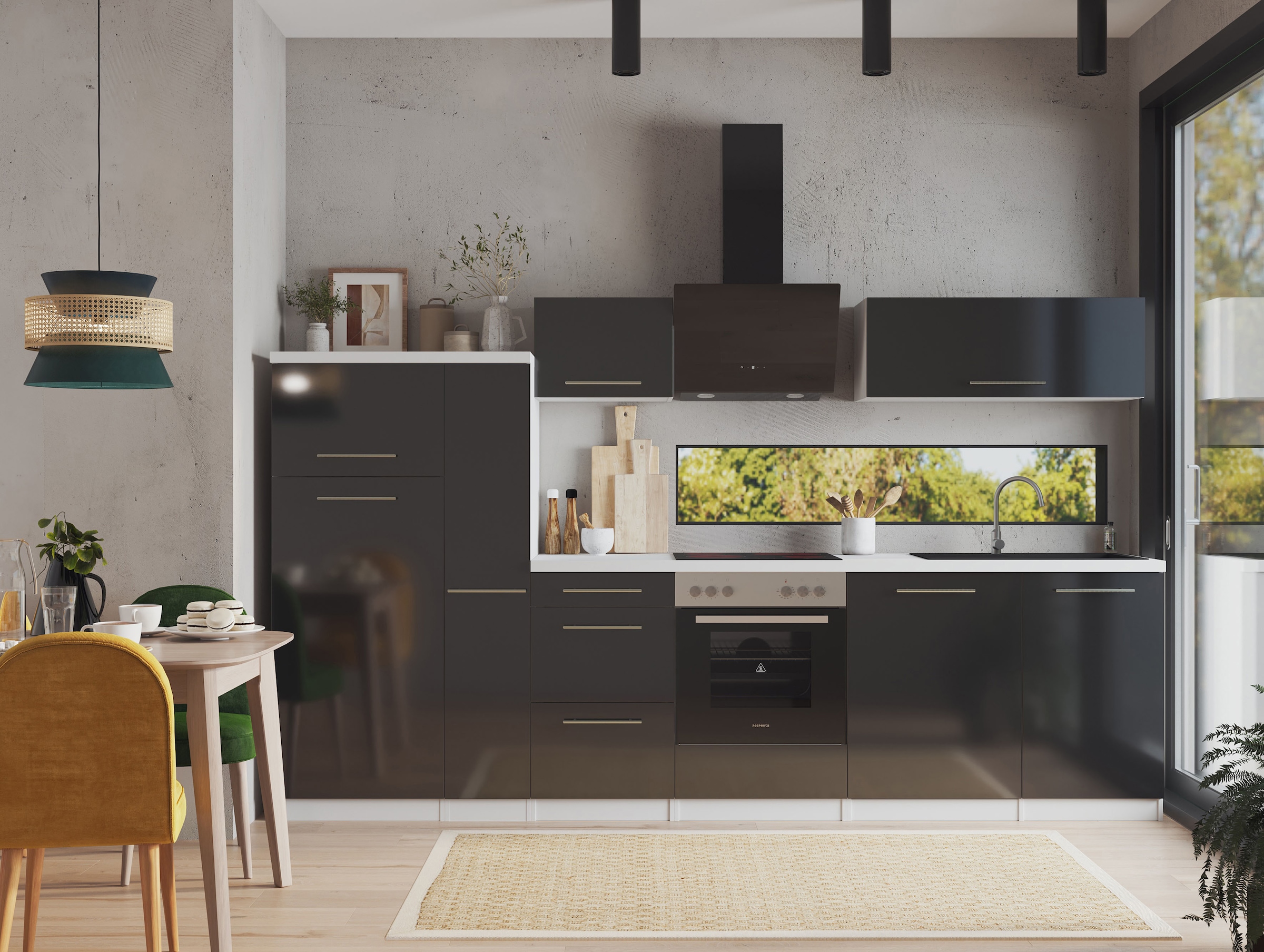 RESPEKTA Küche »Amanda« Breite 310 cm, mit Soft-Close, inklusive Elektrogeräte: Geschirrspüler, Kühl-/Gefrierkombination und Herd-Set, Dunstabzugshaube, 