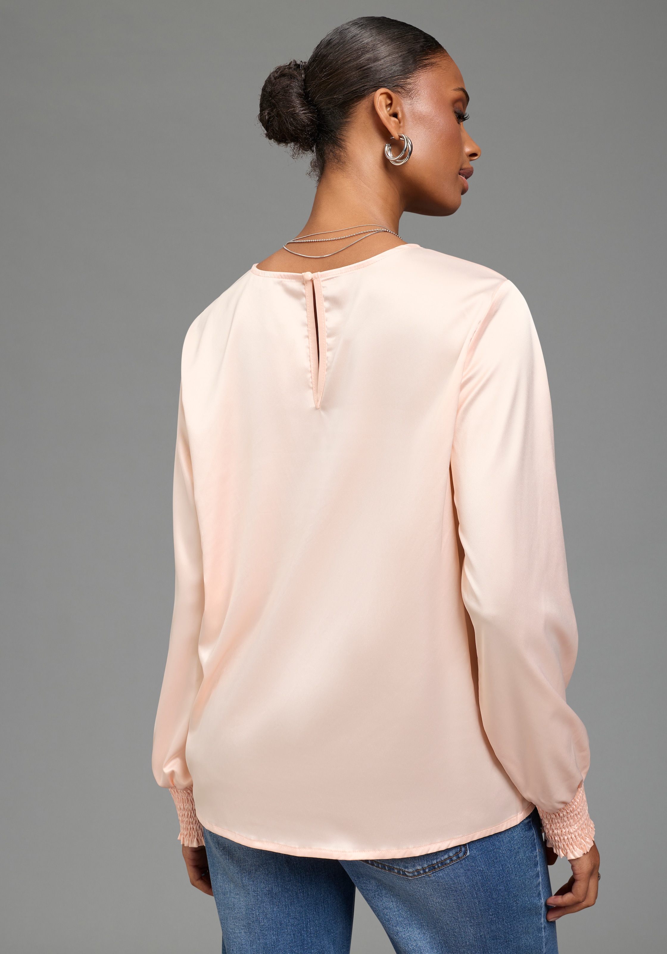 Laura Scott Schlupfbluse Festliche Satin-Bluse, Elastikbündchen am Ärmel, glänzender Stoff