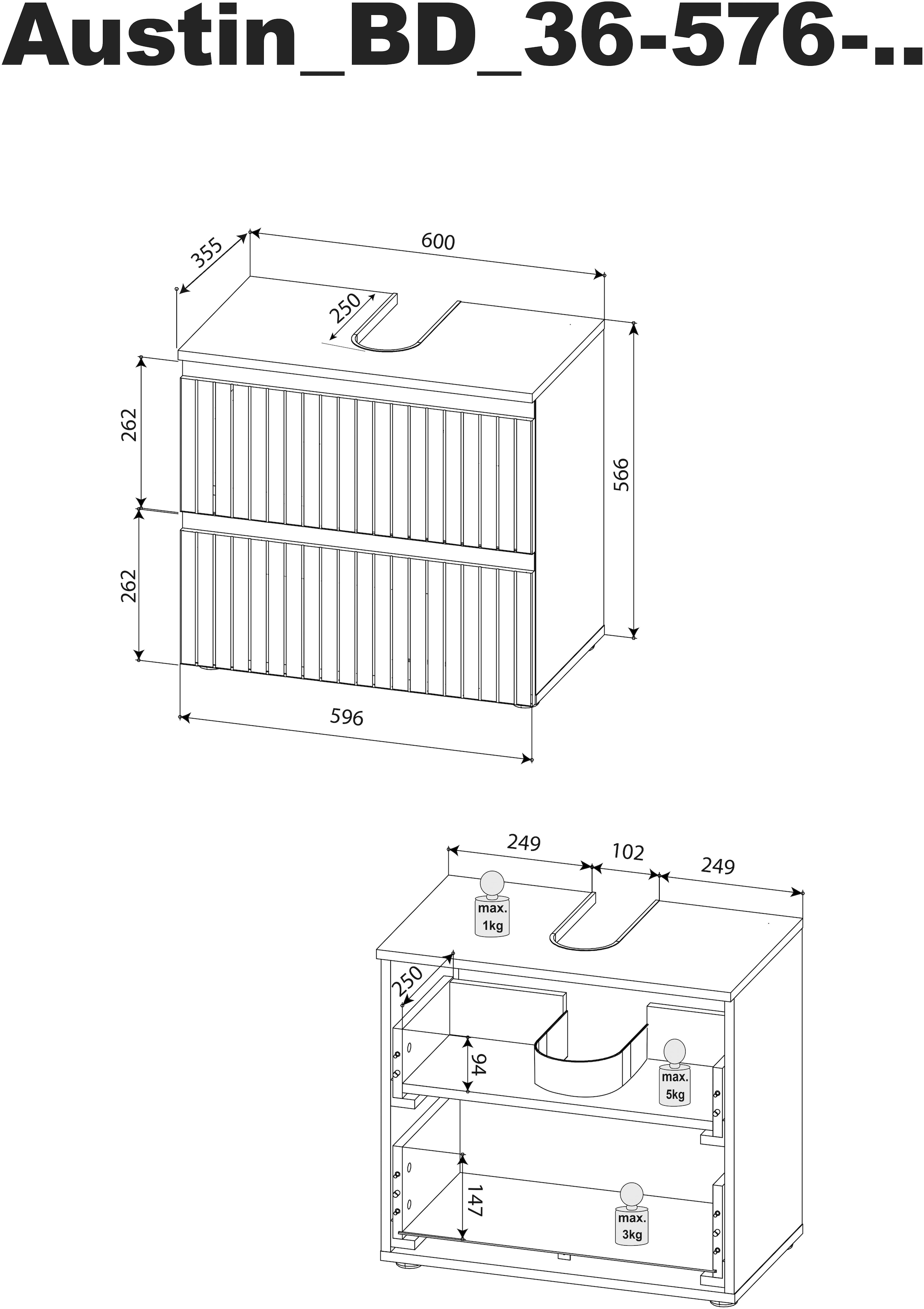 BASIC by Balculina Waschbeckenunterschrank »Austin«, (1 St.), Breite 60 cm, 2 Schubkästen mit Unterflurauszug