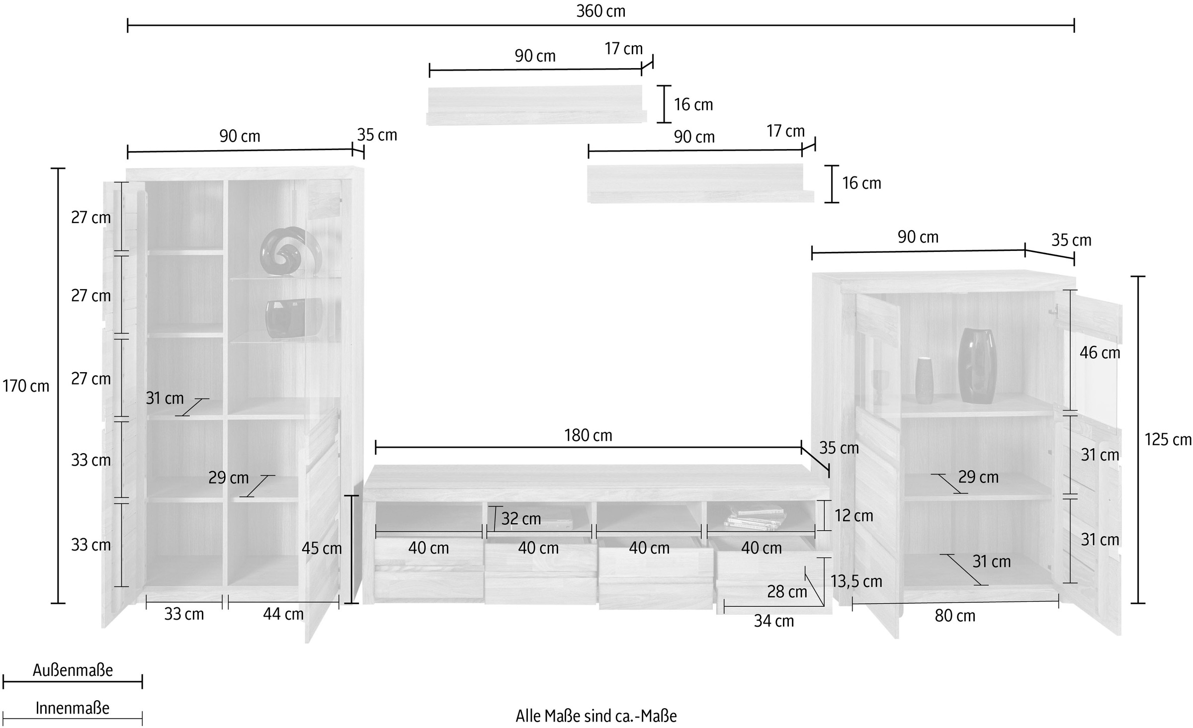 Home affaire Wohnwand »Silkeborg«, (Set, 5 St.), teilmassiv mit schöner, griffloser Optik