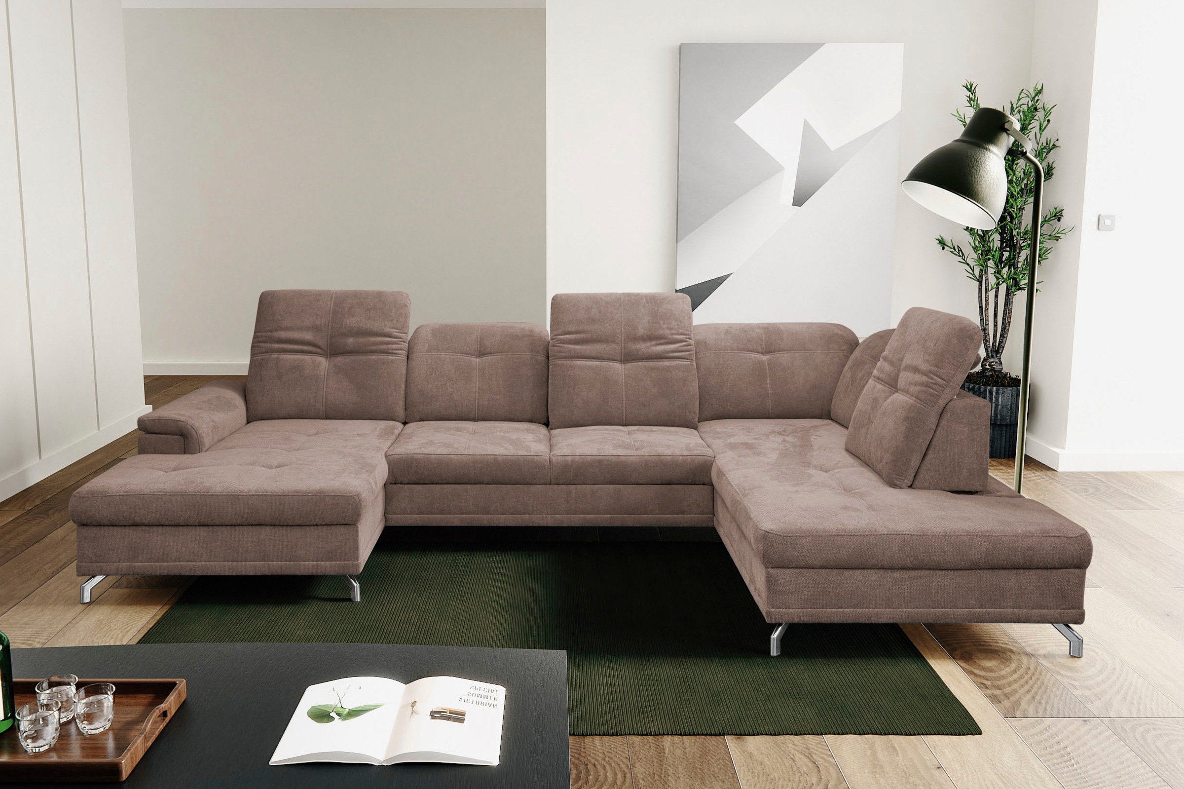 WERK2 Wohnlandschaft »Basel«, Großes U-Sofa mit bestellen verstellbar & Raten auf Sitztiefe Schlaffunktion, Kopfteil