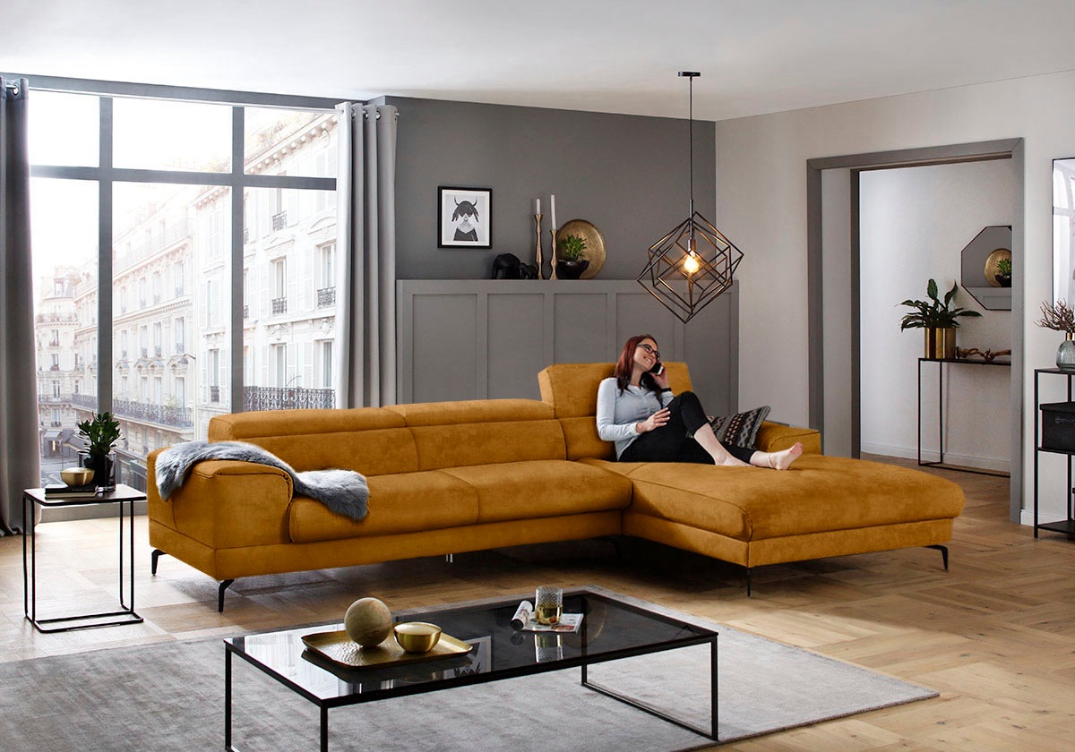 W.SCHILLIG Ecksofa »piedroo, Designsofa mit tollem Sitzkomfort, bequem, L-Form«, Kopfteilverstellung, wahlweise mit Sitztiefenverstellung, Breite 343cm