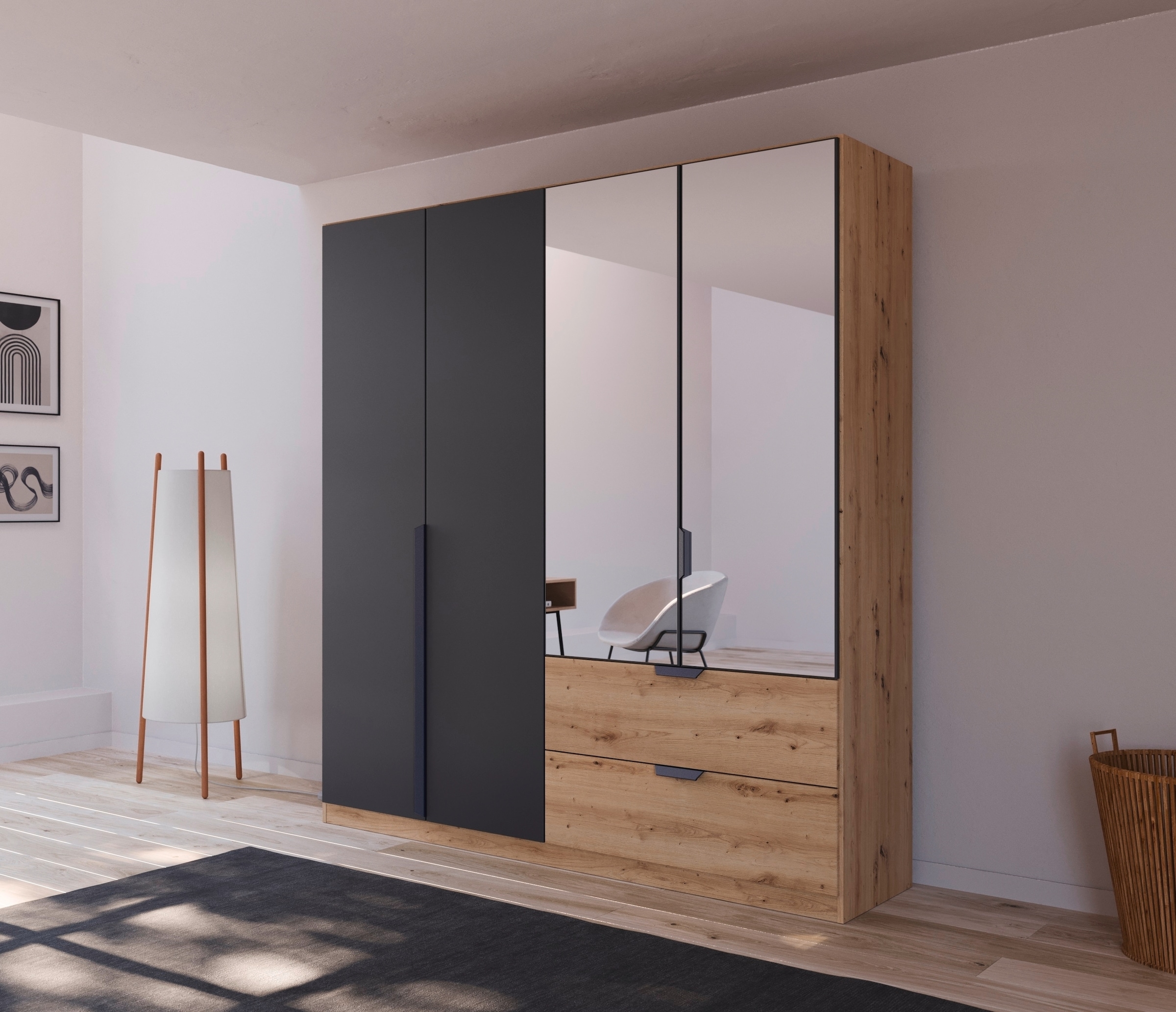 rauch Drehtürenschrank »Kleiderschrank Schrank Garderobe Ankleide DARK&WOOD BY QUADRA SPIN« Breiten: 181/226/271 cm, Höhe 210 cm,  im Industrial Style mit Schubkästen in Eiche Dekor, mit Spiegel