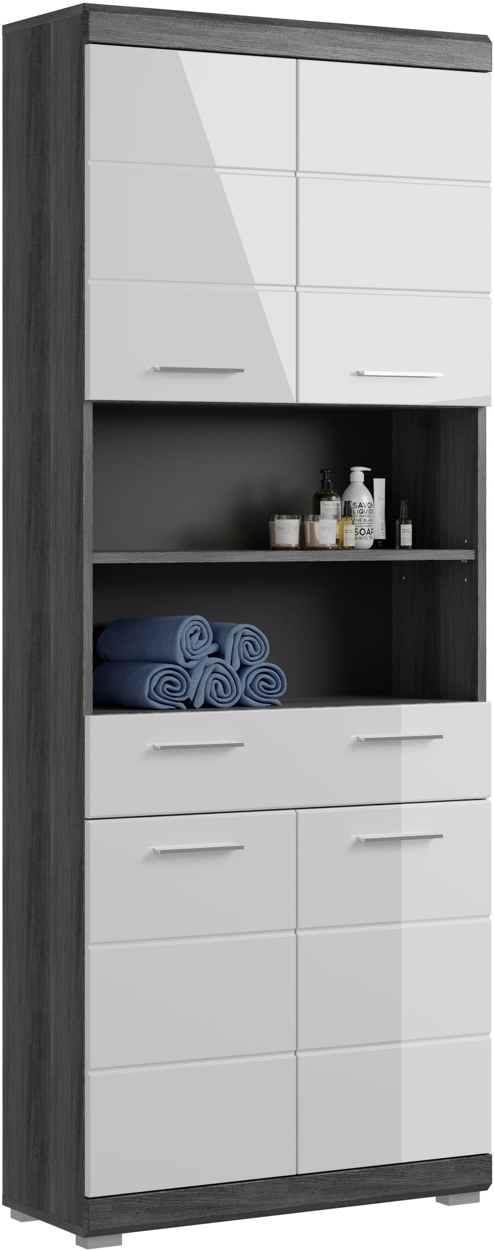 welltime Hochschrank "SIENA, Breite 74cm, 4 Türen, 1 Schubkasten, 2 offene Fächer, MDF-Front" TOPSELLER, in verschiedenen Farben erhältlich, Badmöbel, Badschrank, Schrank, Bad