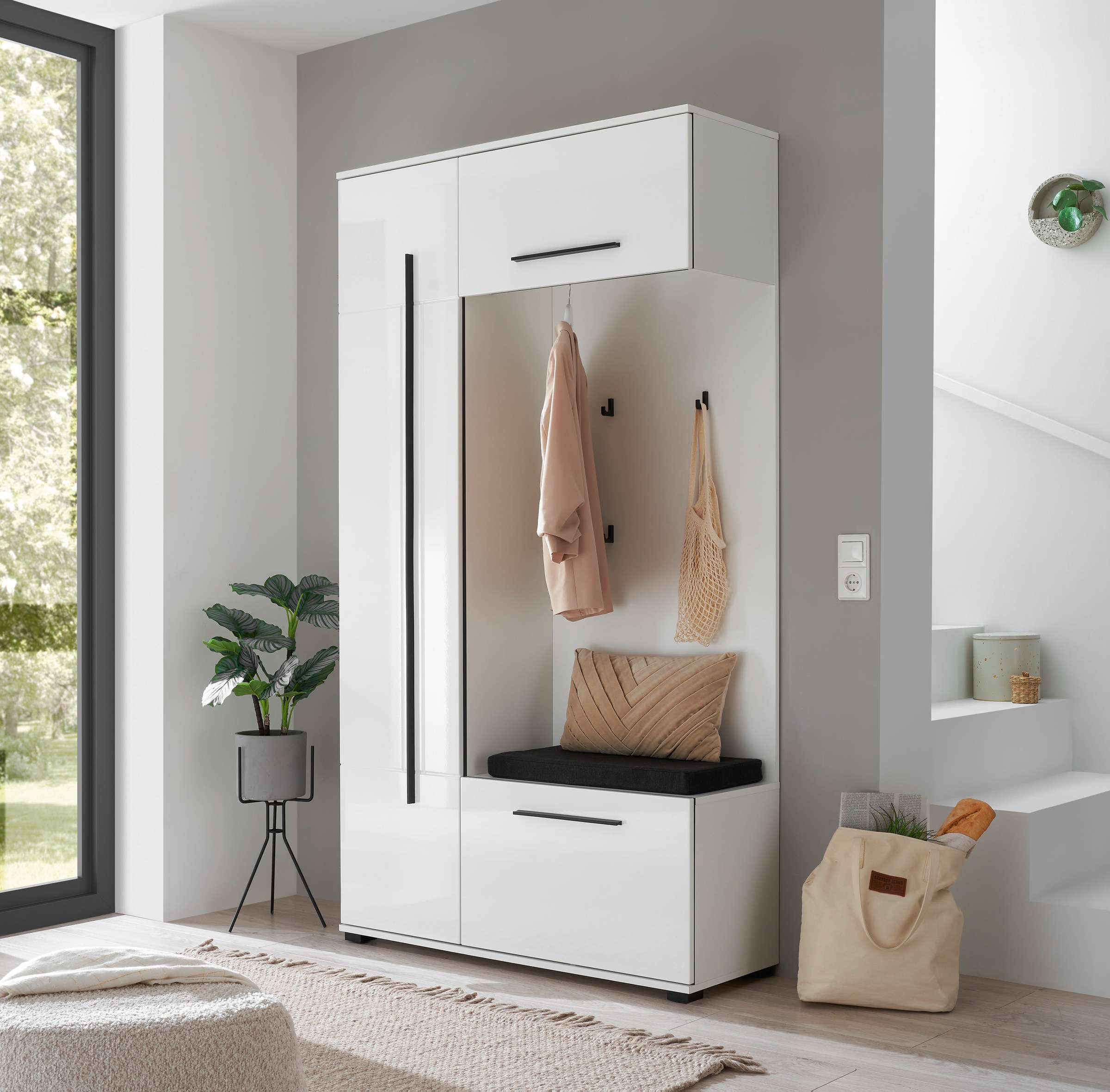 Home affaire Kompaktgarderobe »Cantara Flurgarderobe, modern, 2 Farben, 111 cm breit« 2 Stk. tlg. unterschiedliche Stauraummöglichkeiten, inkl. Sitzkissen