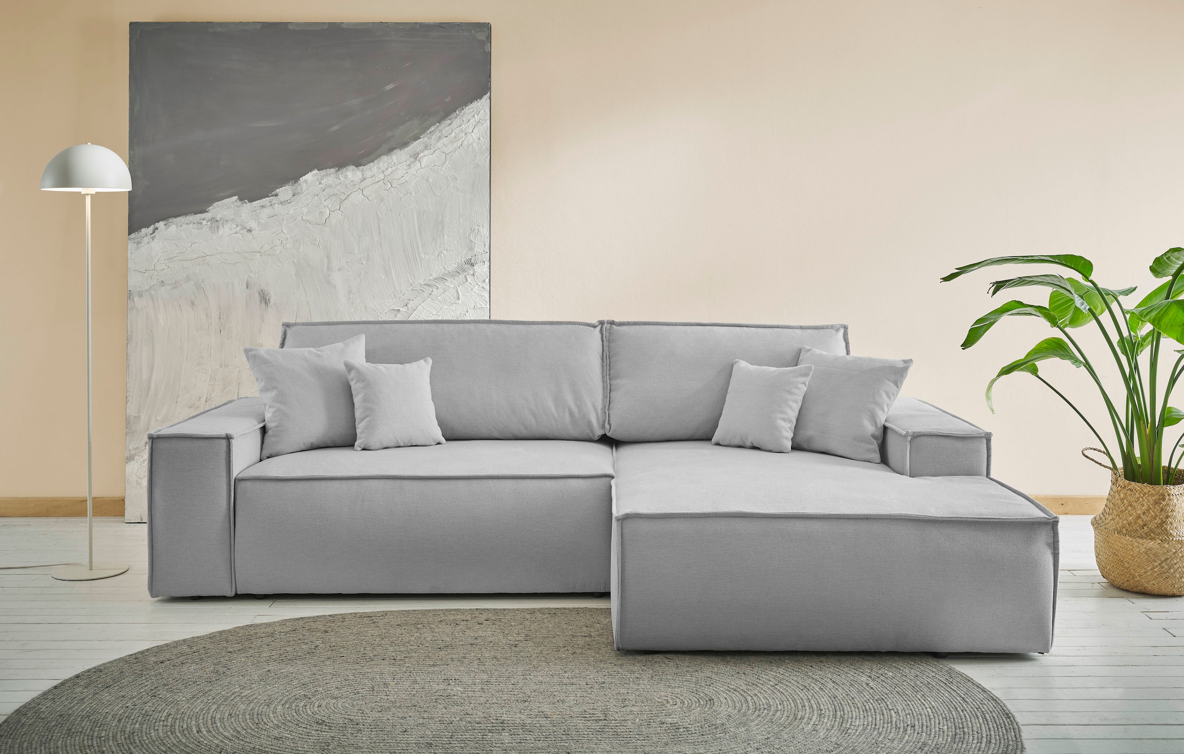 andas Ecksofa »Finnley Schlafsofa 267 cm in Bouclé, Struktur fein u. Cord, L-Form,«, Schlaffunktion m. Bettkasten (136/210 cm), Bouclé, Struktur und Cord